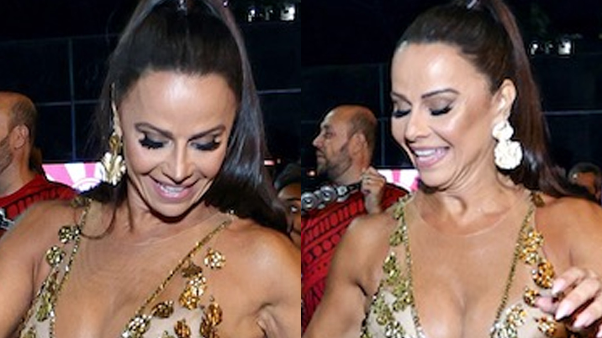 Viviane Araújo cai no samba com vestido transparente e decote profundo