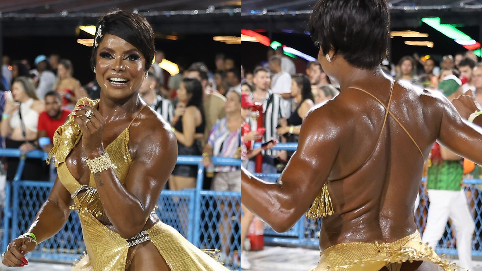 Aos 49 anos, Adriana Bombom cai no samba com as costas nuas e músculos atraem olhares