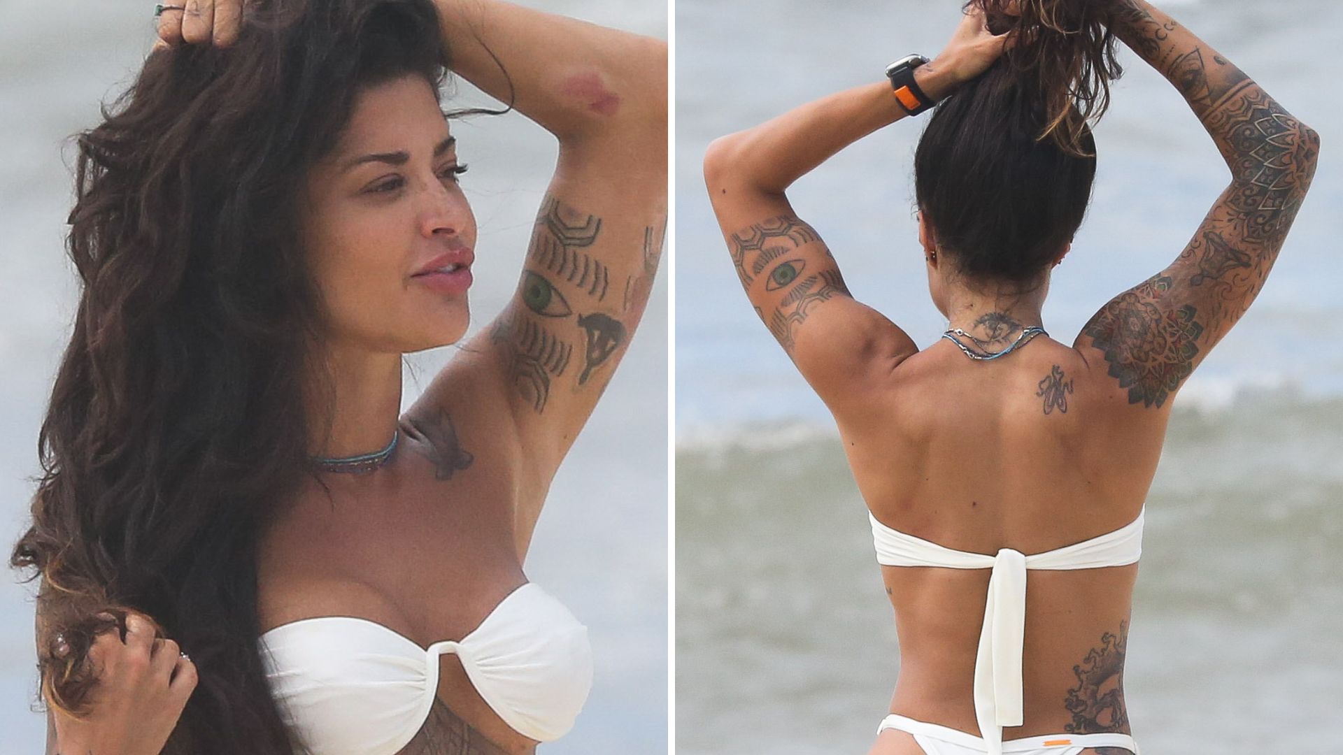 Popozuda! Com piercing à mostra, Aline Campos é flagrada na praia com biquíni branco