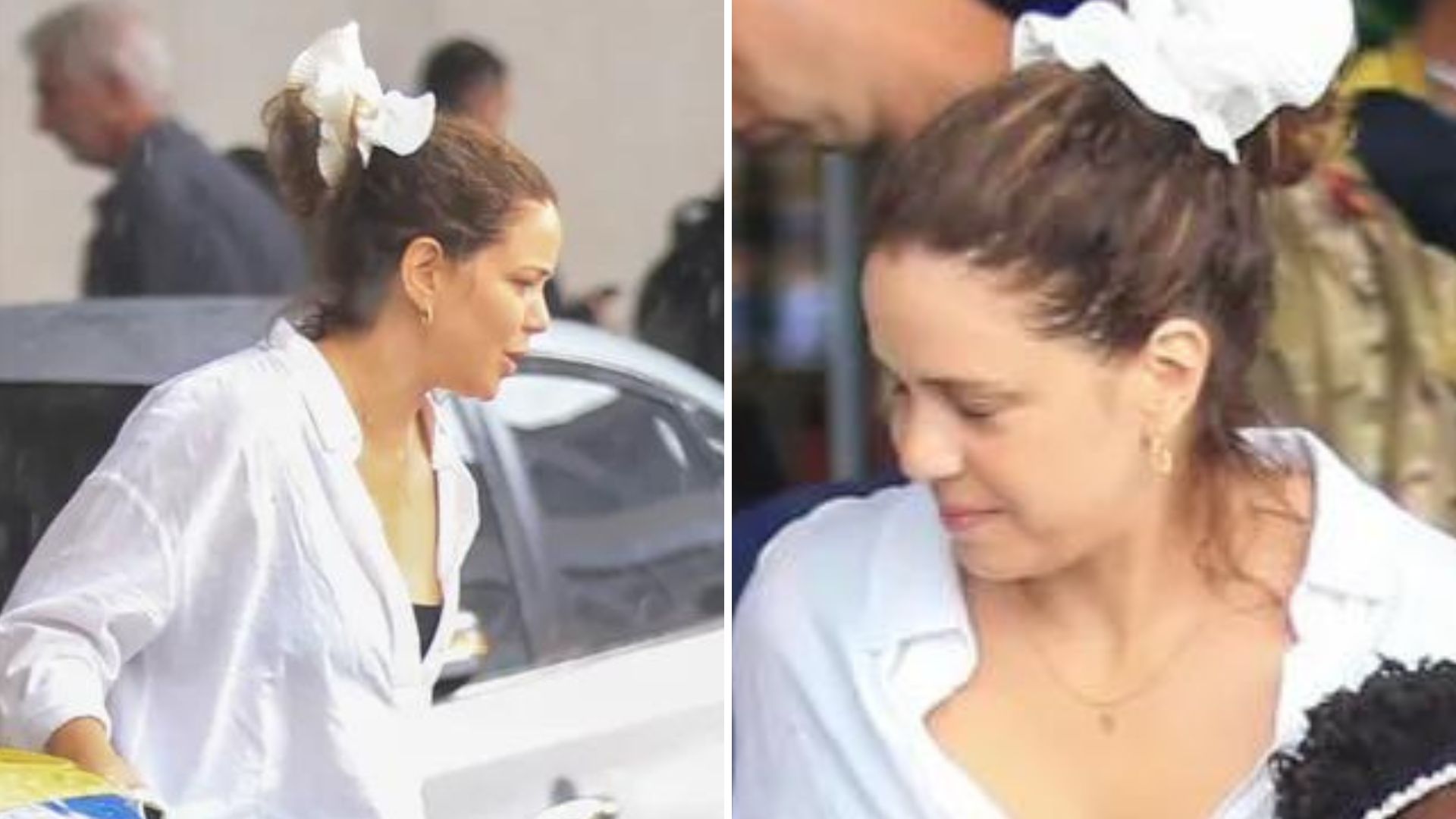 Ao lado do marido e da filha, Leandra Leal pega chuva ao desembarcar em aeroporto do Rio