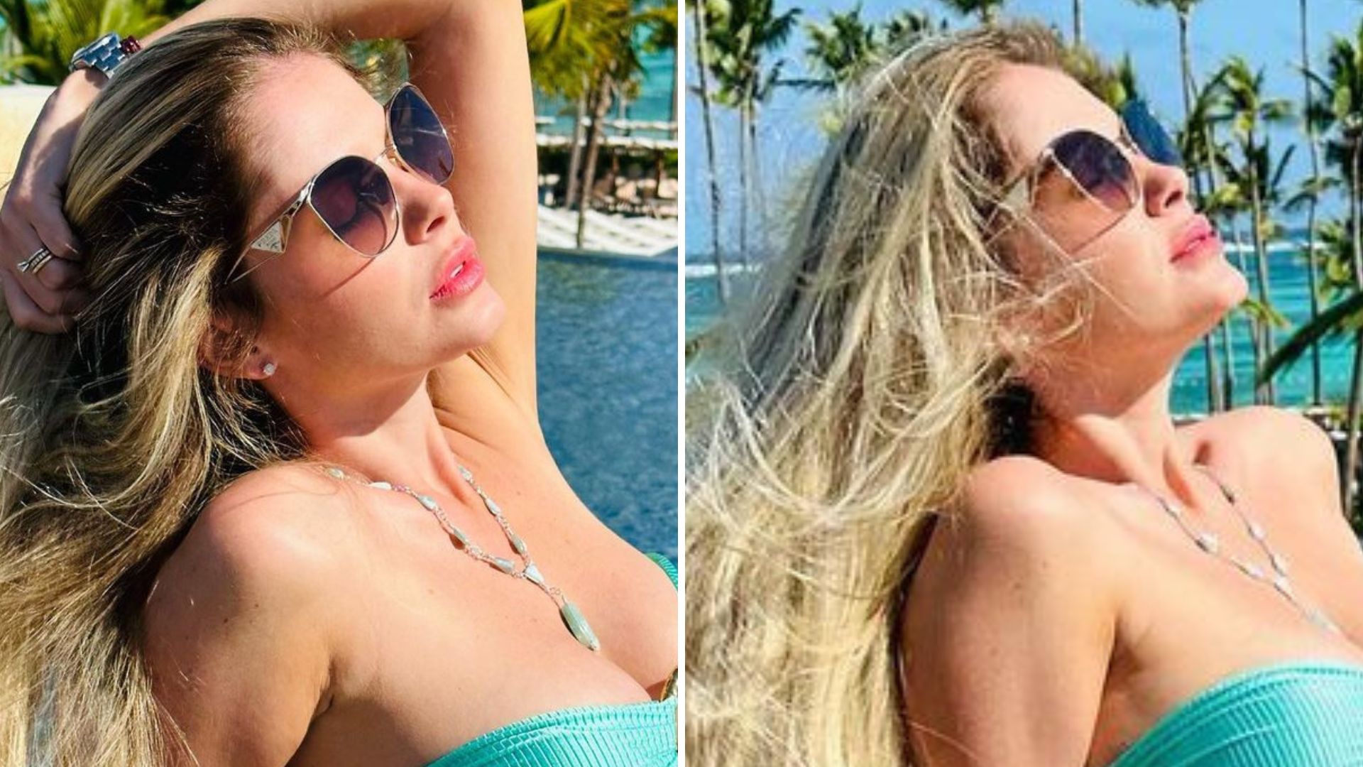 Bárbara Evans aperta o decote em microbiquíni sem alças e exibe barriga negativa: “Deusa”