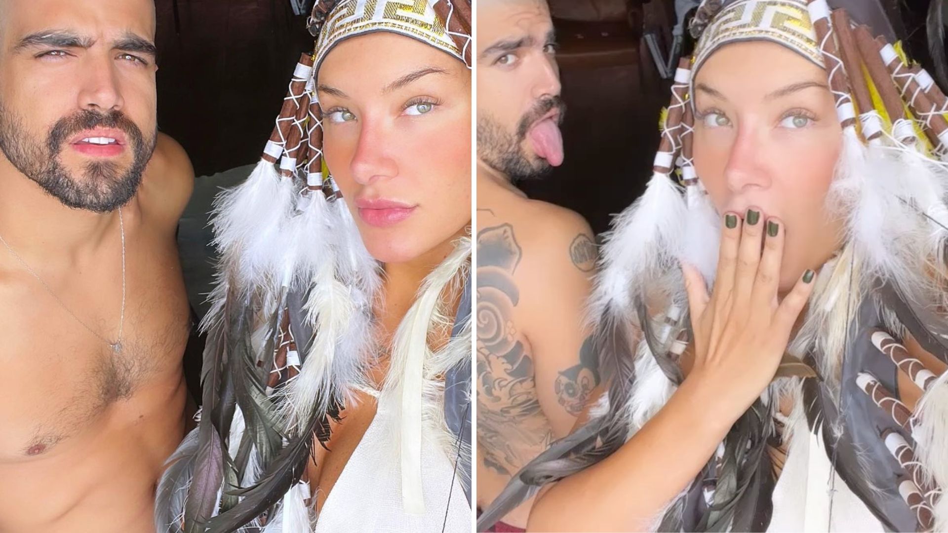 Caio Castro choca ao raspar cabelo e surgir irreconhecível ao lado da namorada no Carnaval