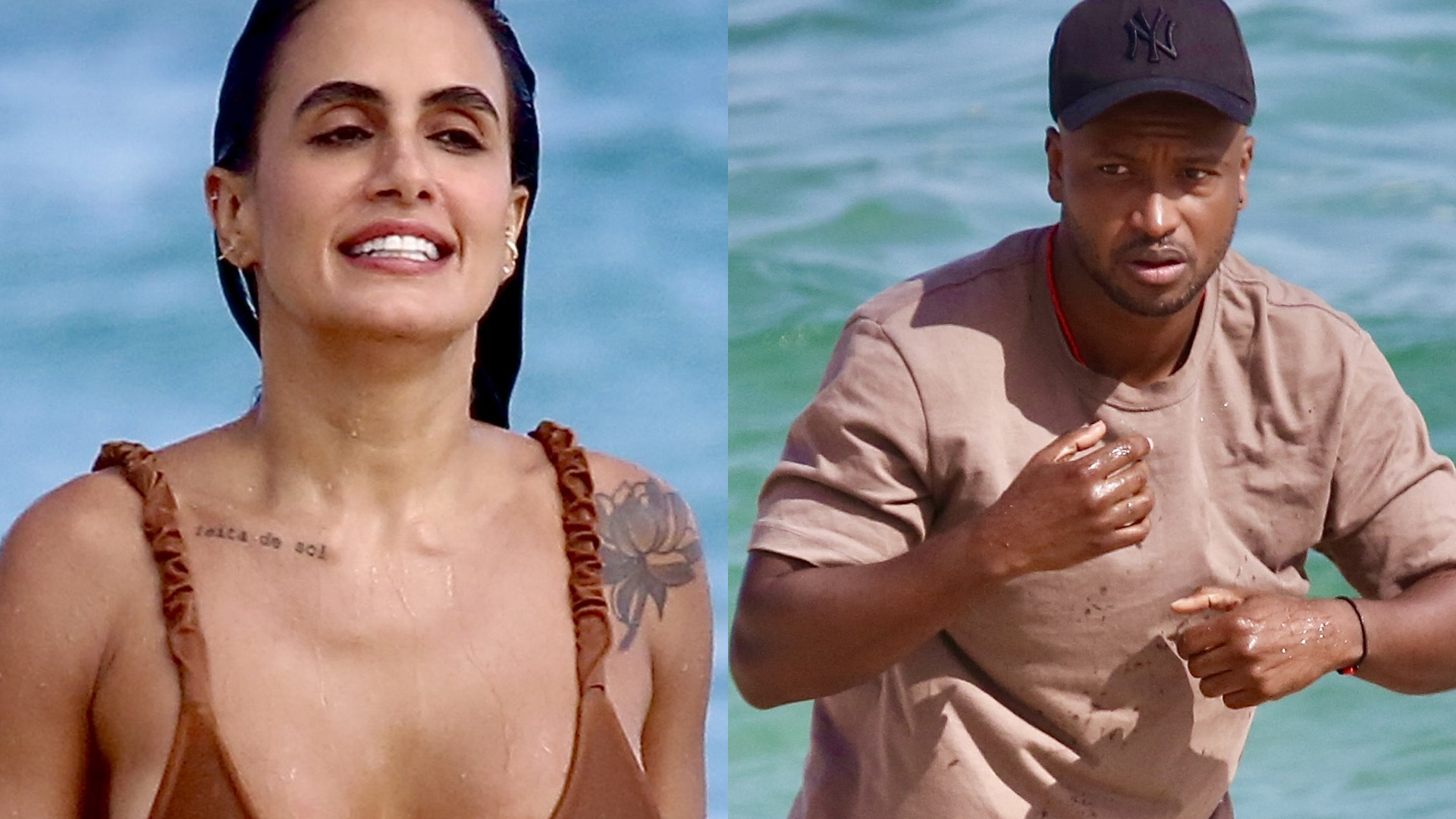 Carol Peixinho curte praia com Thiaguinho, mas é traída pelo tecido do biquíni