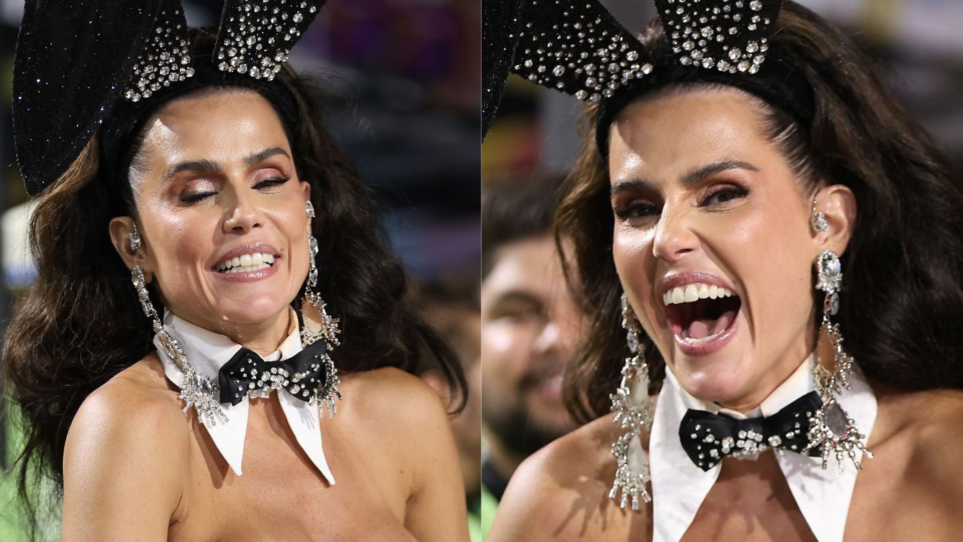 No Desfile das Campeãs, Deborah Secco causa alvoroço com seios escapando de decote