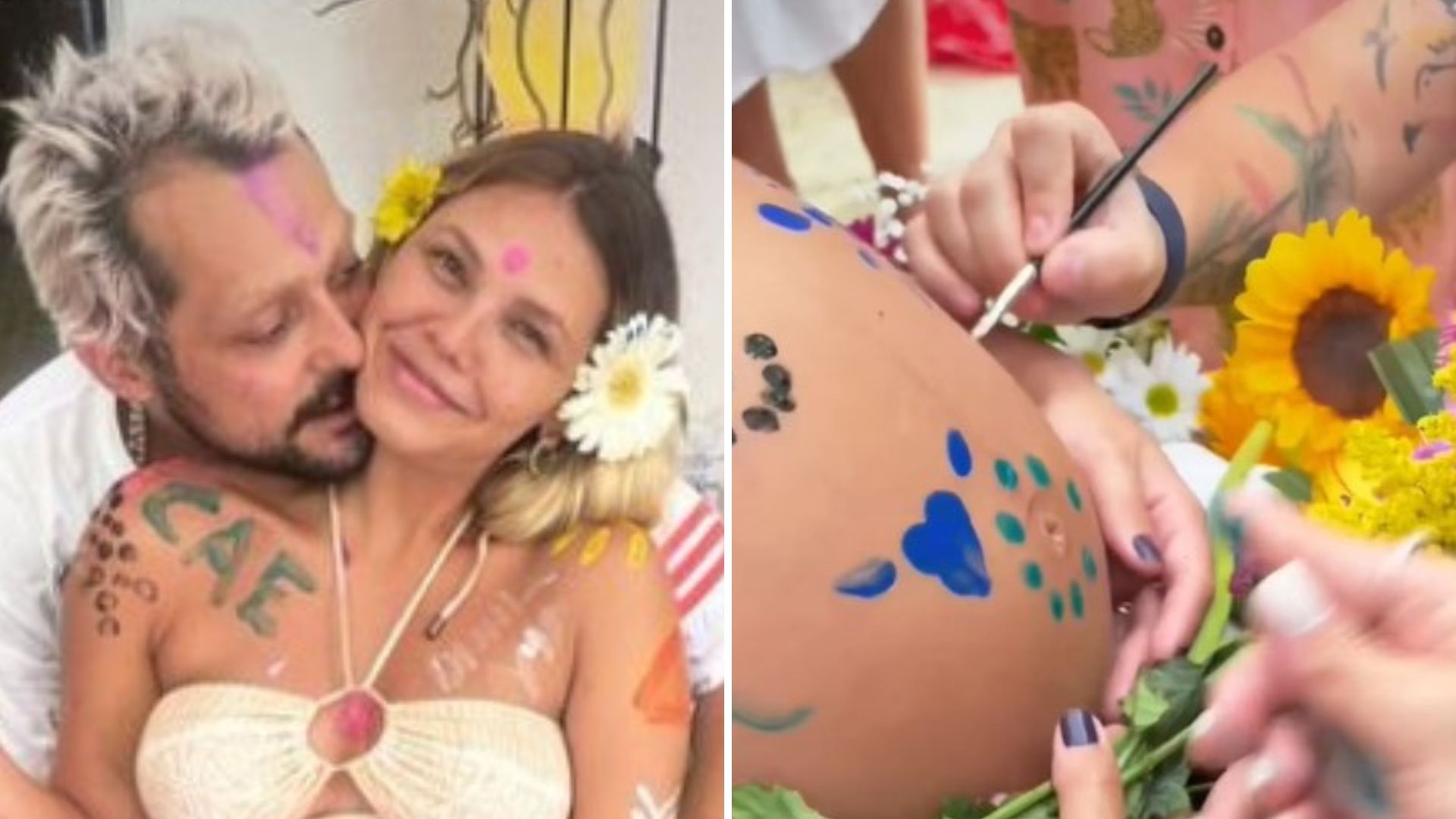 Eduardo Sterblitch e esposa surgem cheios de tinta em chá de bebê com famosos “Vem, Caetano”