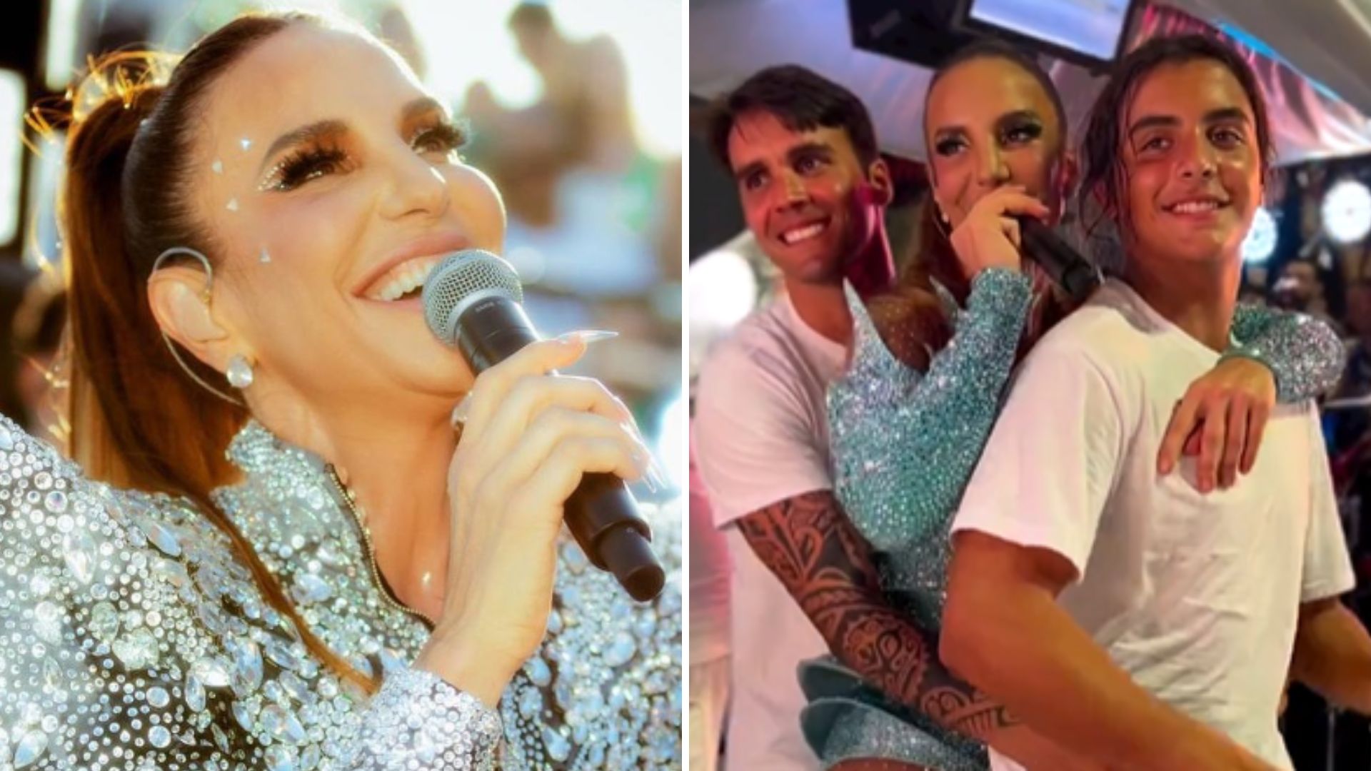 Em body cravejado, Ivete Sangalo festeja ao lado do marido e do filho em trio elétrico
