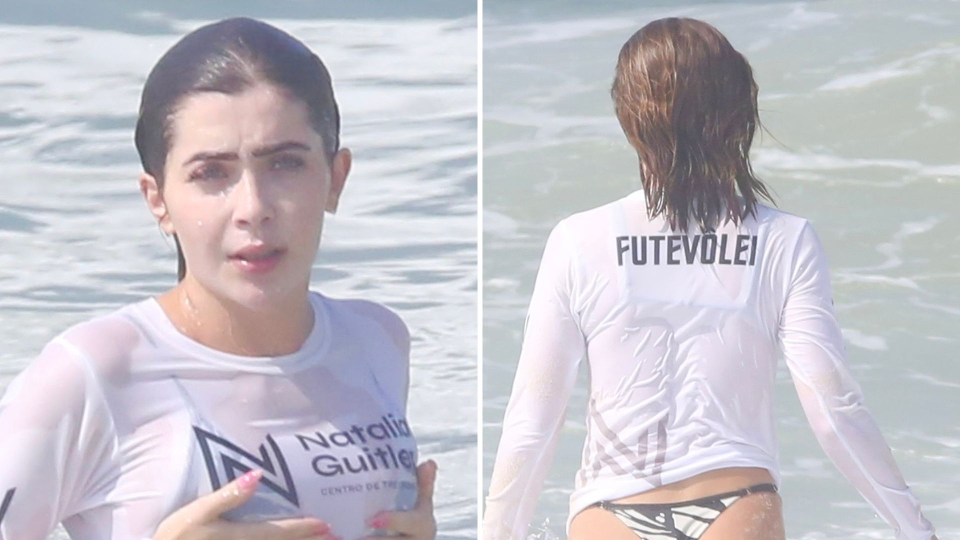 Gente? Jade Picon é flagrada tomando banho de mar usando camiseta branca