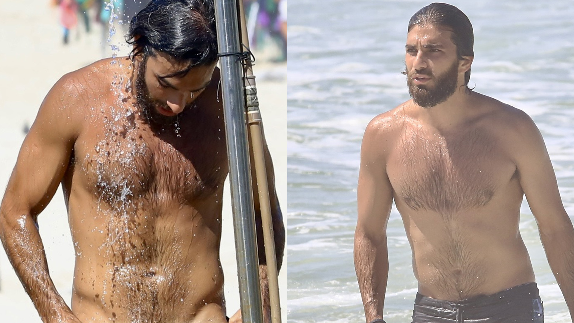 Marido de Deborah Secco, Hugo Moura abaixa bermuda em ducha na praia e é flagrado na hora H