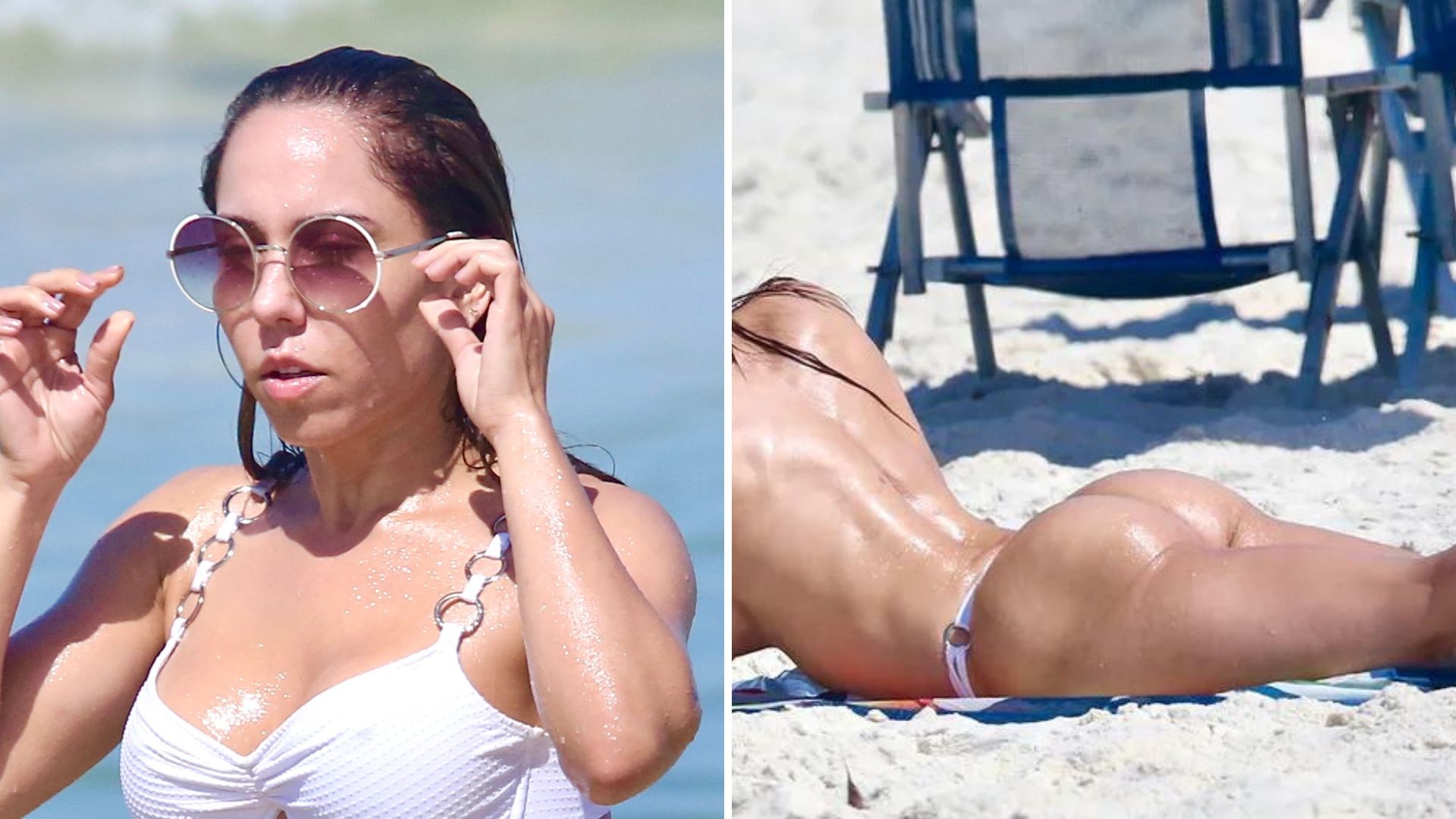 Sem o menor pudor, Mulher Melão vai à praia, tira o biquíni e mostra tudo em público