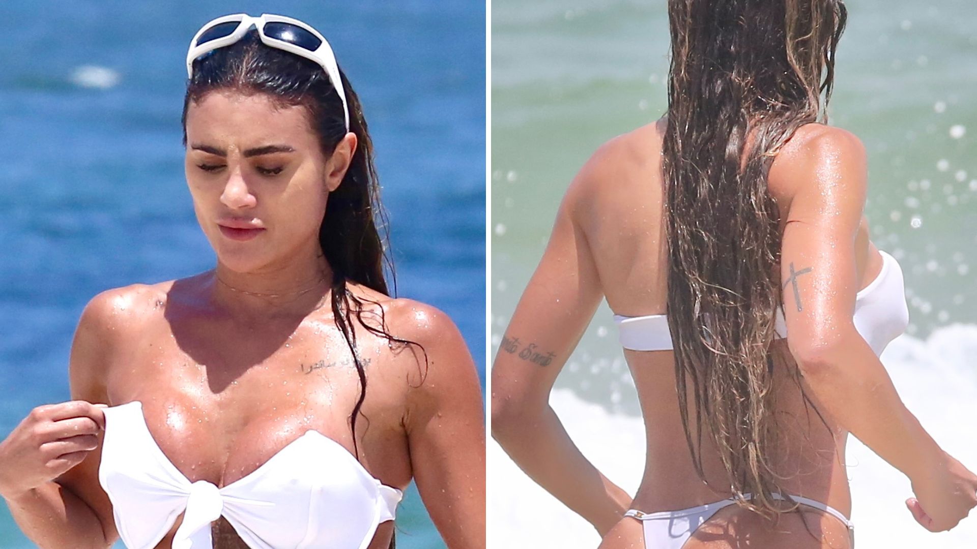 Ex-bailarina do Faustão vai à praia com biquíni inusitado e dá ‘ajeitadinha’ indiscreta