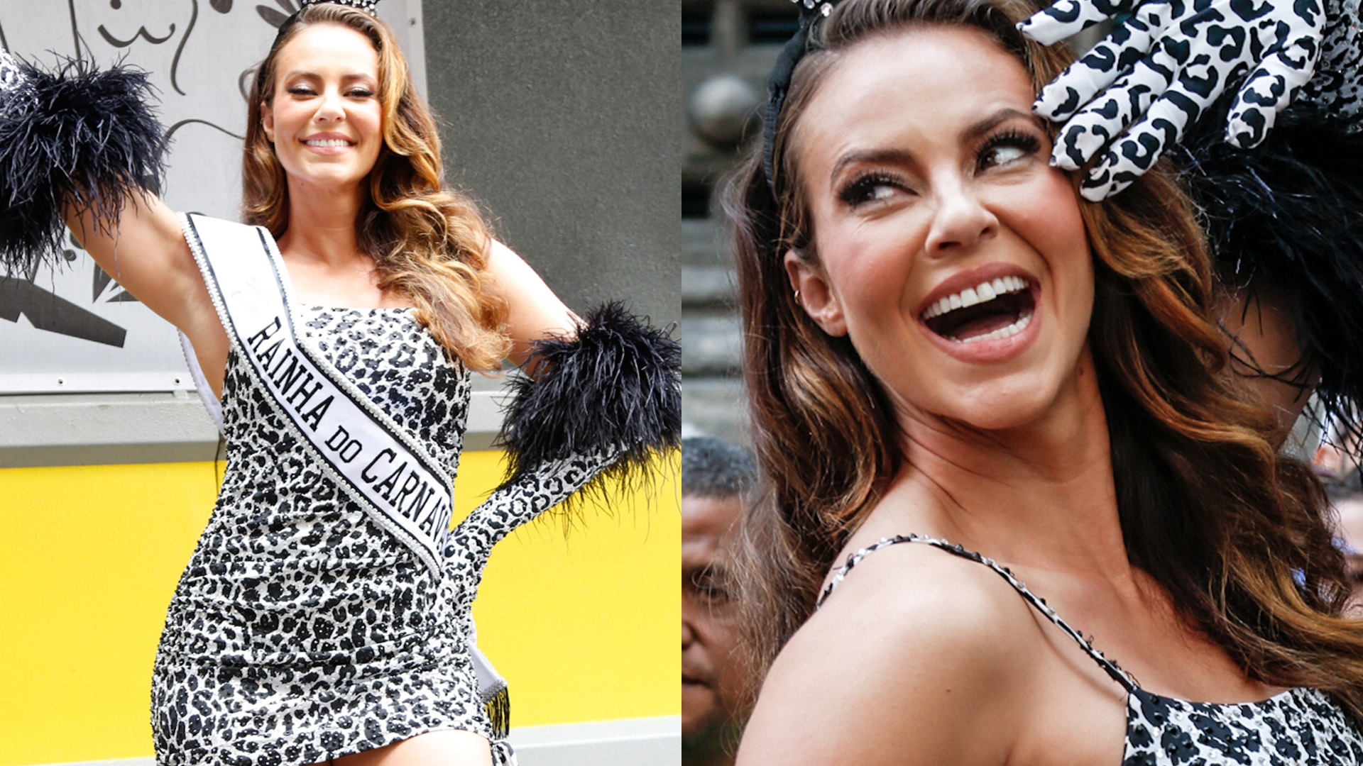 Com vestido minúsculo de oncinha, Paolla Oliveira atrai multidão em bloco de Carnaval