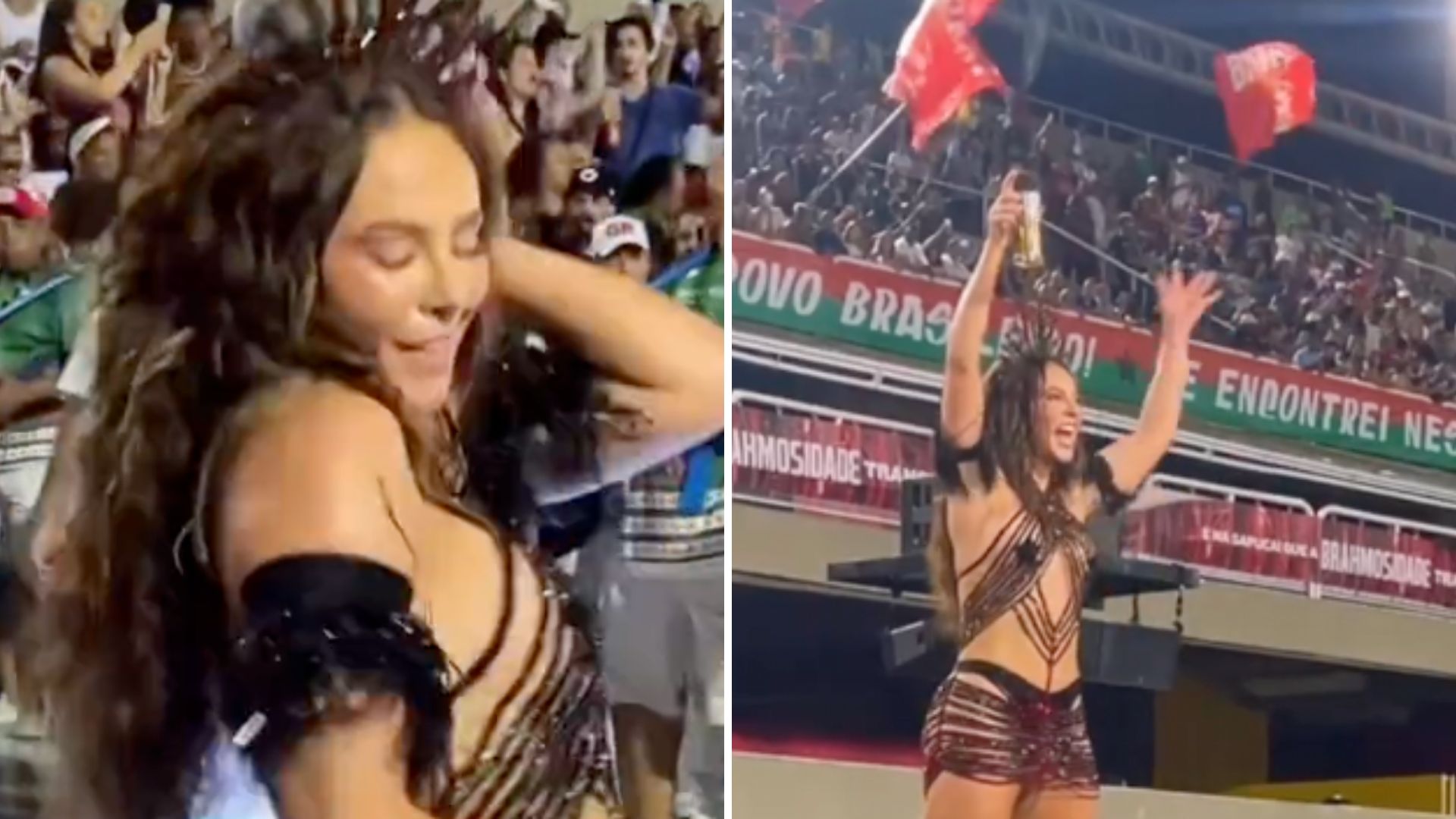 Possuída, Paolla Oliveira samba de fio-dental e levanta copo de cerveja para a Sapucaí