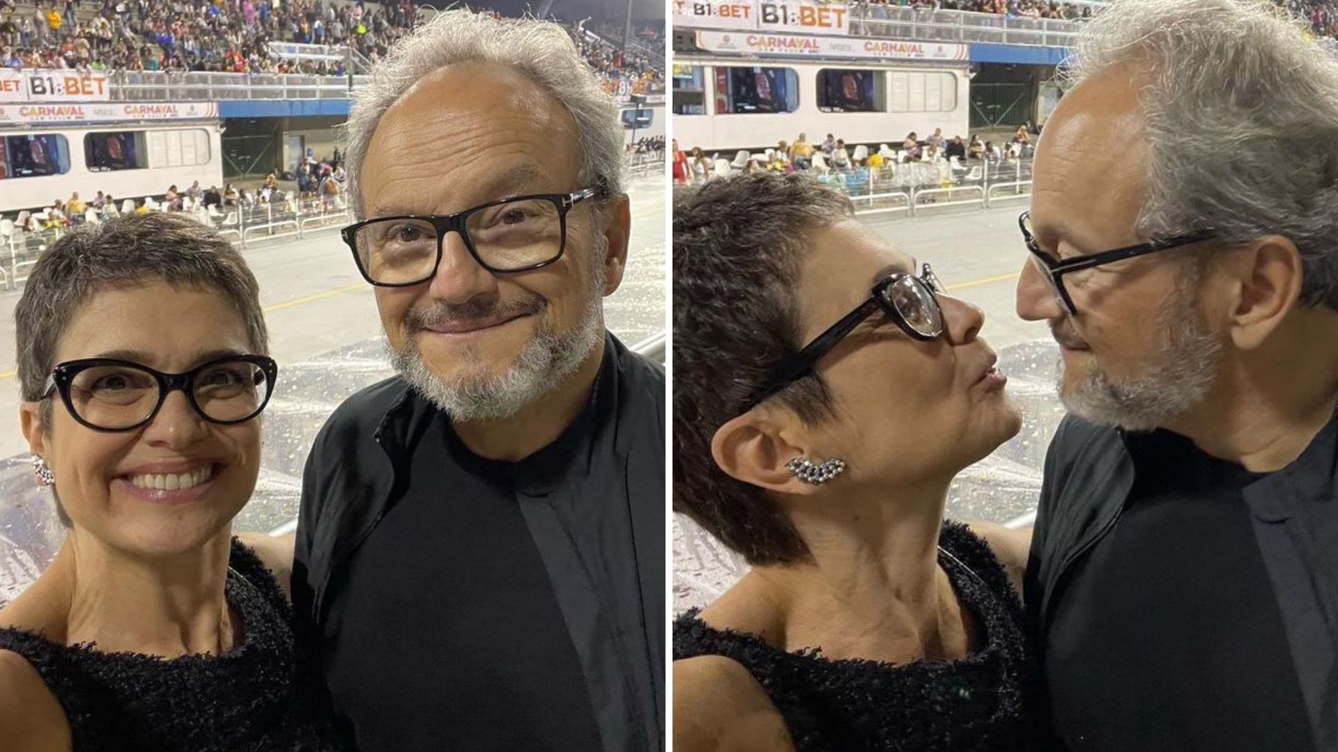 Joviais, Sandra Annenberg troca beijão com o marido no meio da Sapucaí: “Pura alegria”