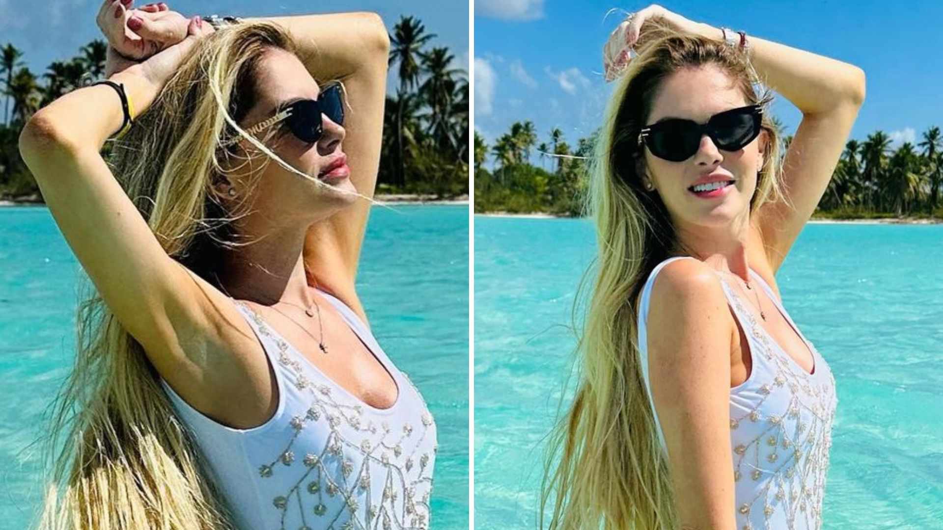 De maiô, Bárbara Evans deixa virilha lisinha aparecer em banho de mar: “Que mulher”