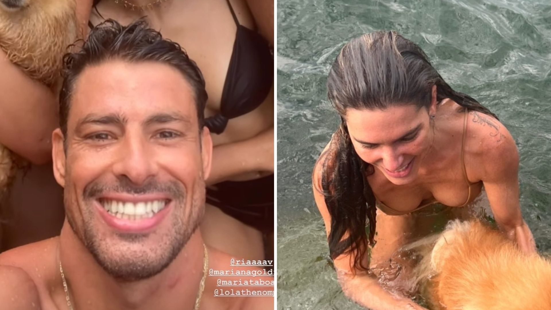 Cauã Reymond e Mariana Goldfarb se divertem em cachoeira ao lado do pet da família