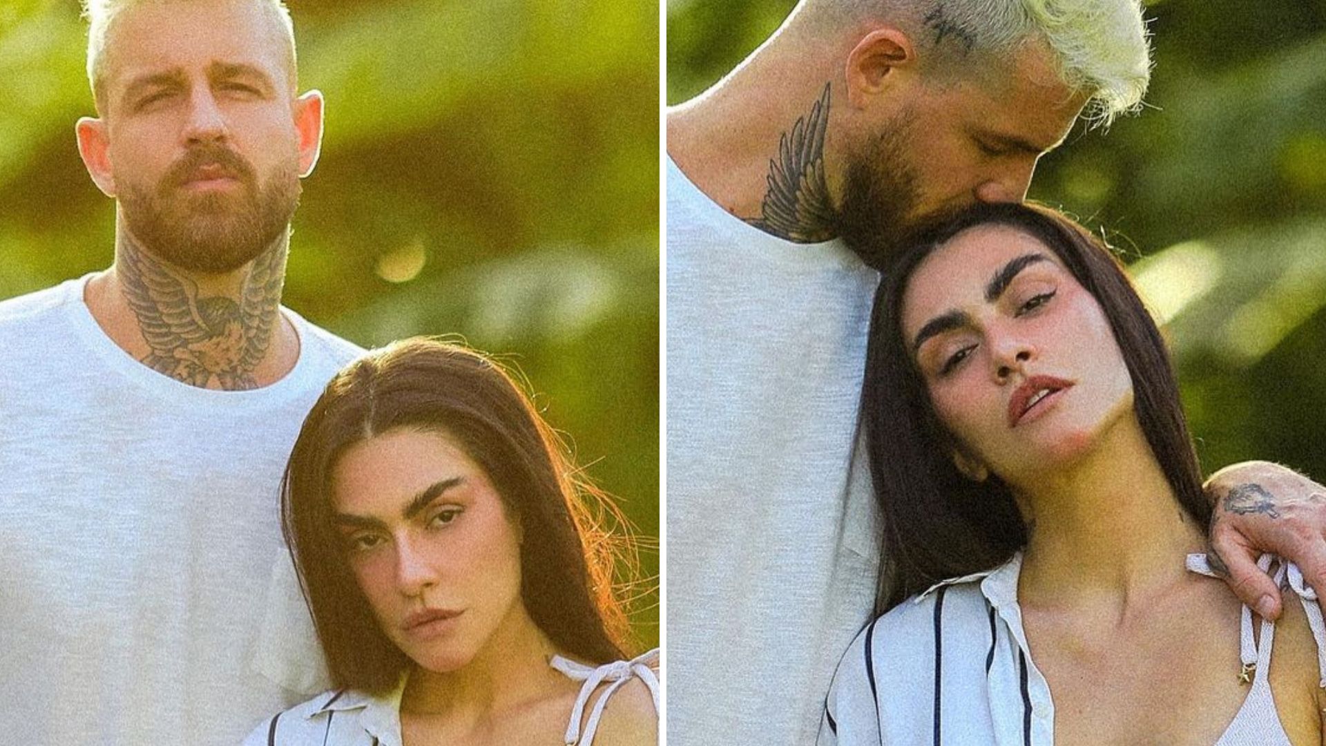 Sem calça, Cleo abre a blusa e deixa biquíni à mostra ao lado do marido: “Meu amor”