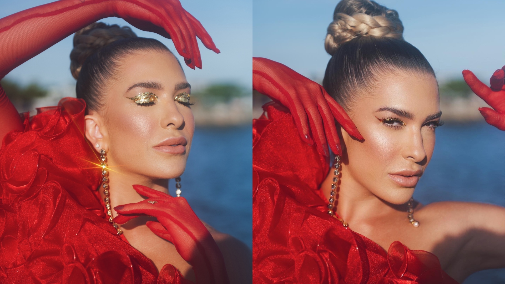 Lore Improta aposta em delineado caríssimo feito com folhas de ouro para ensaio do Carnaval