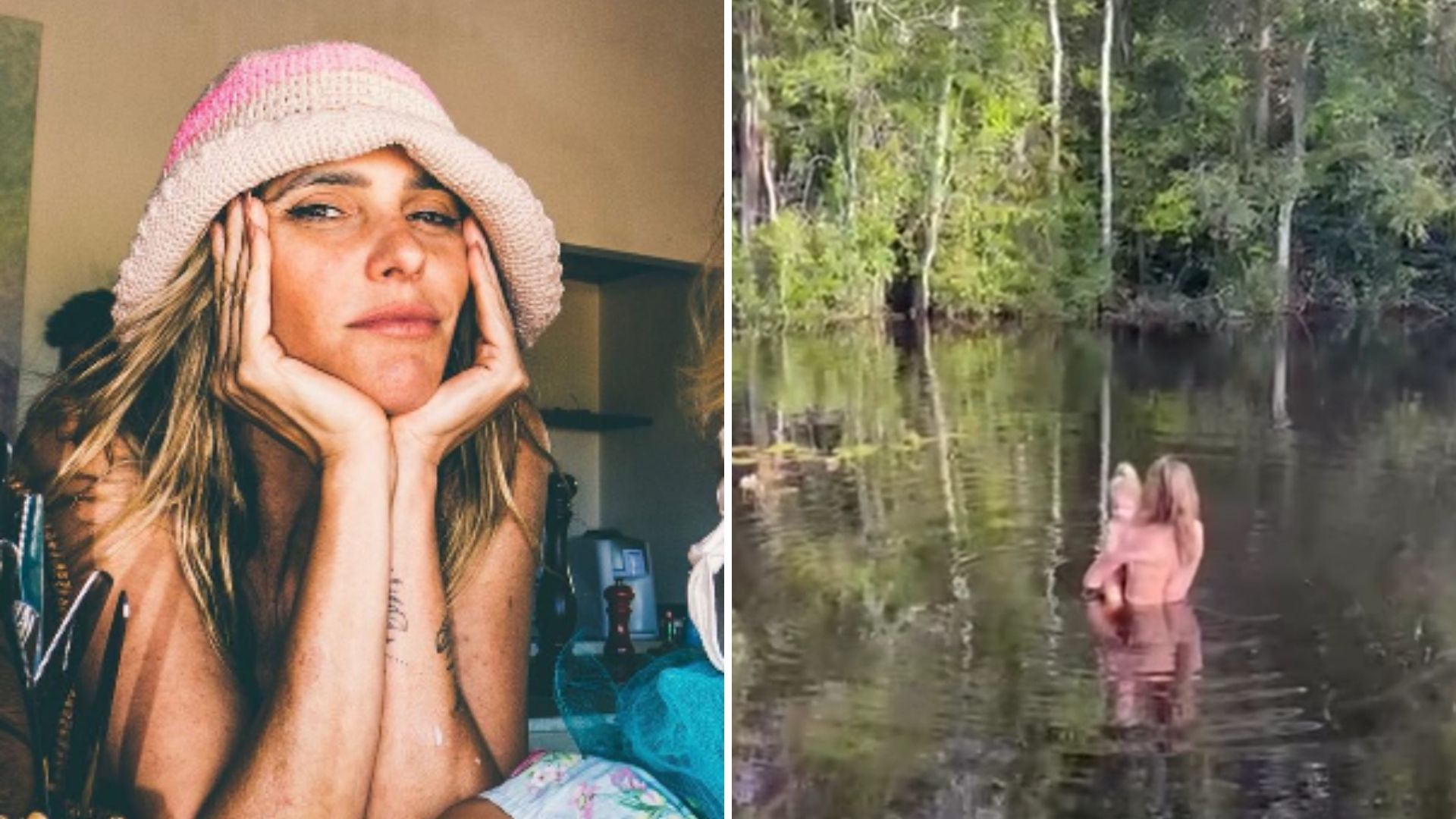 Fernanda Lima toma banho em rio de topless ao lado da filha caçula, Maria Manoela