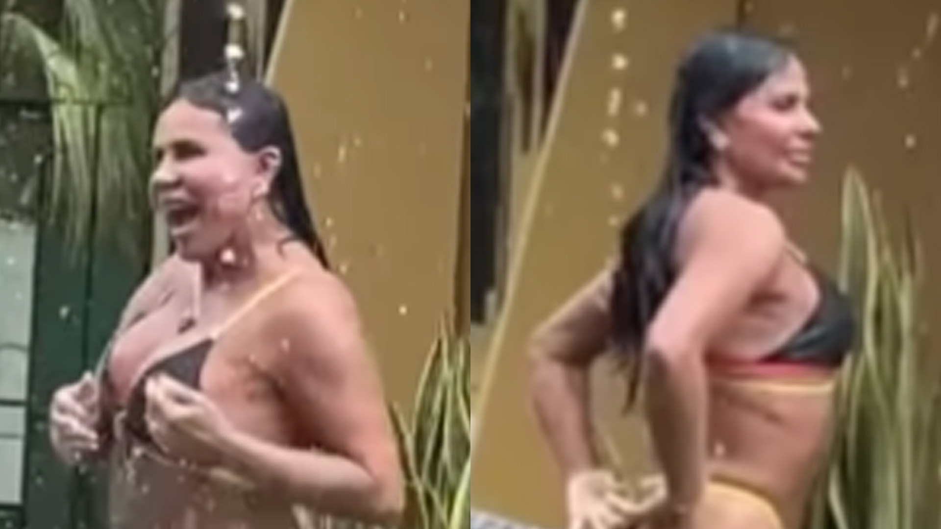 Gretchen toma banho de chuva com biquíni minúsculo e fãs exaltam: “Corpão”