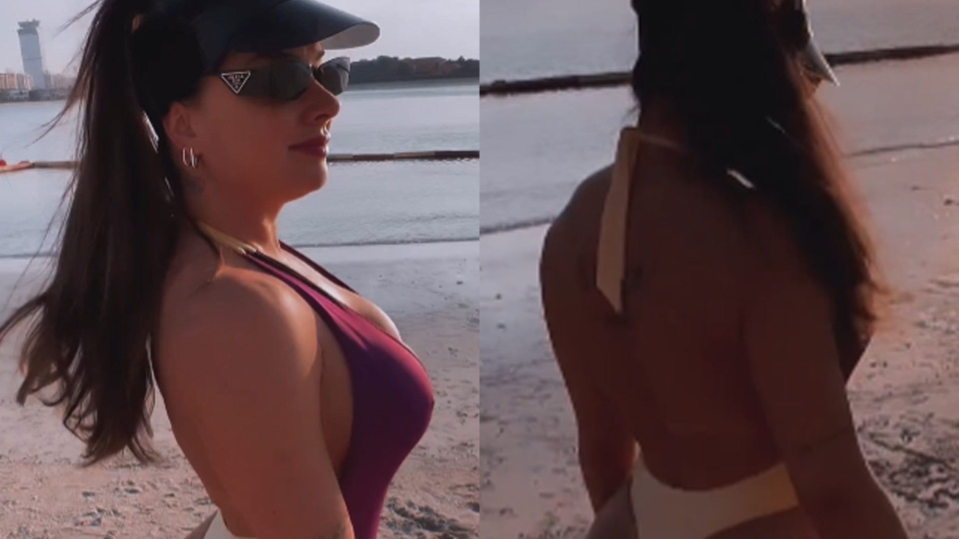 Em Dubai, Juju Salimeni desfila na praia com maiô sumindo no bumbum: “Deusa”