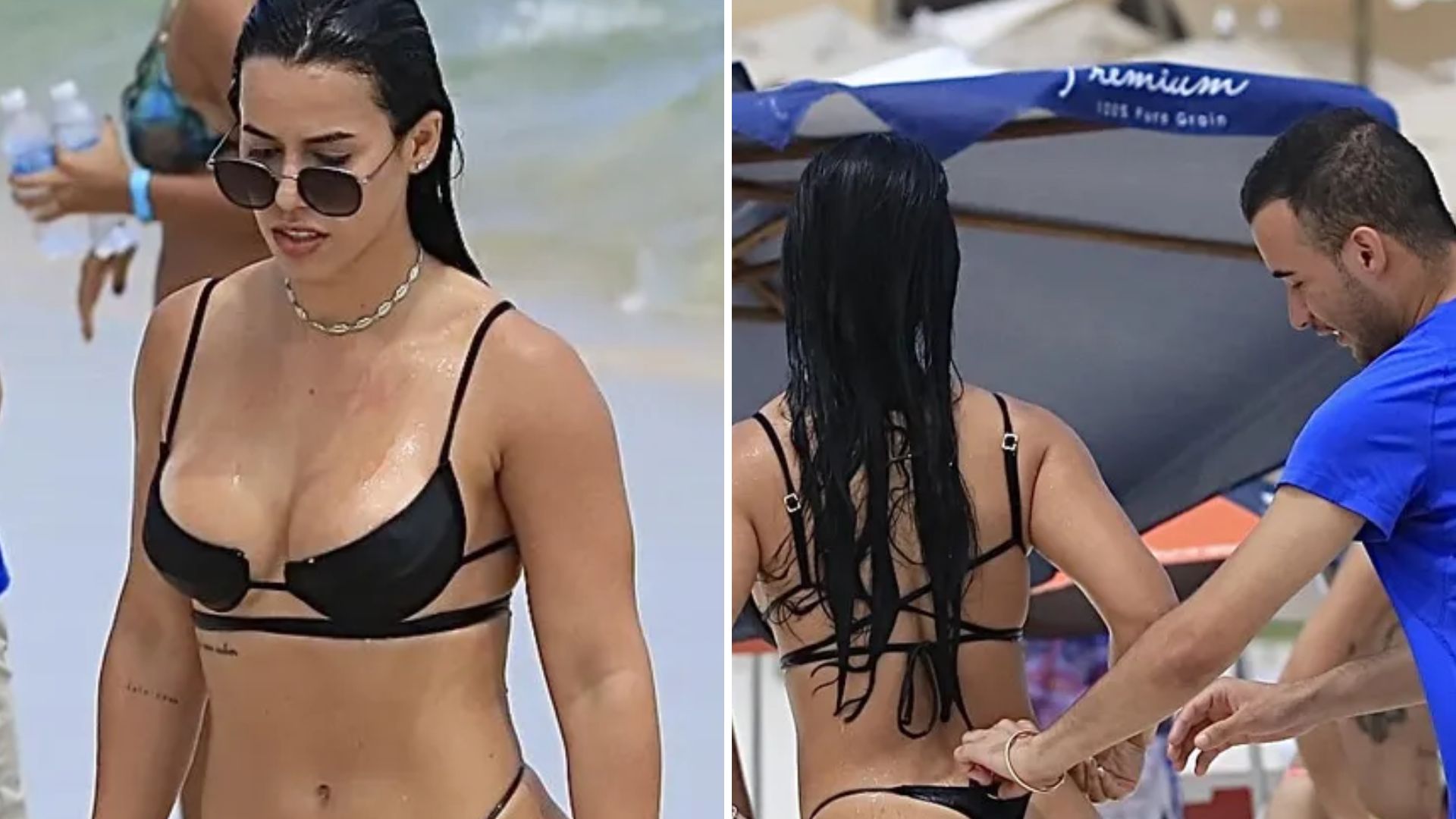 Na praia, ex-BBB Larissa Tomásia recebe mãozinha do amigo para ajustar biquíni após mergulho