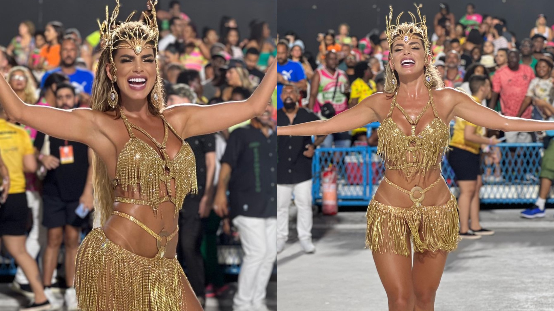 Com cristais dourados, Erika Schneider aposta em look caríssimo para ensaio do carnaval; saiba o valor