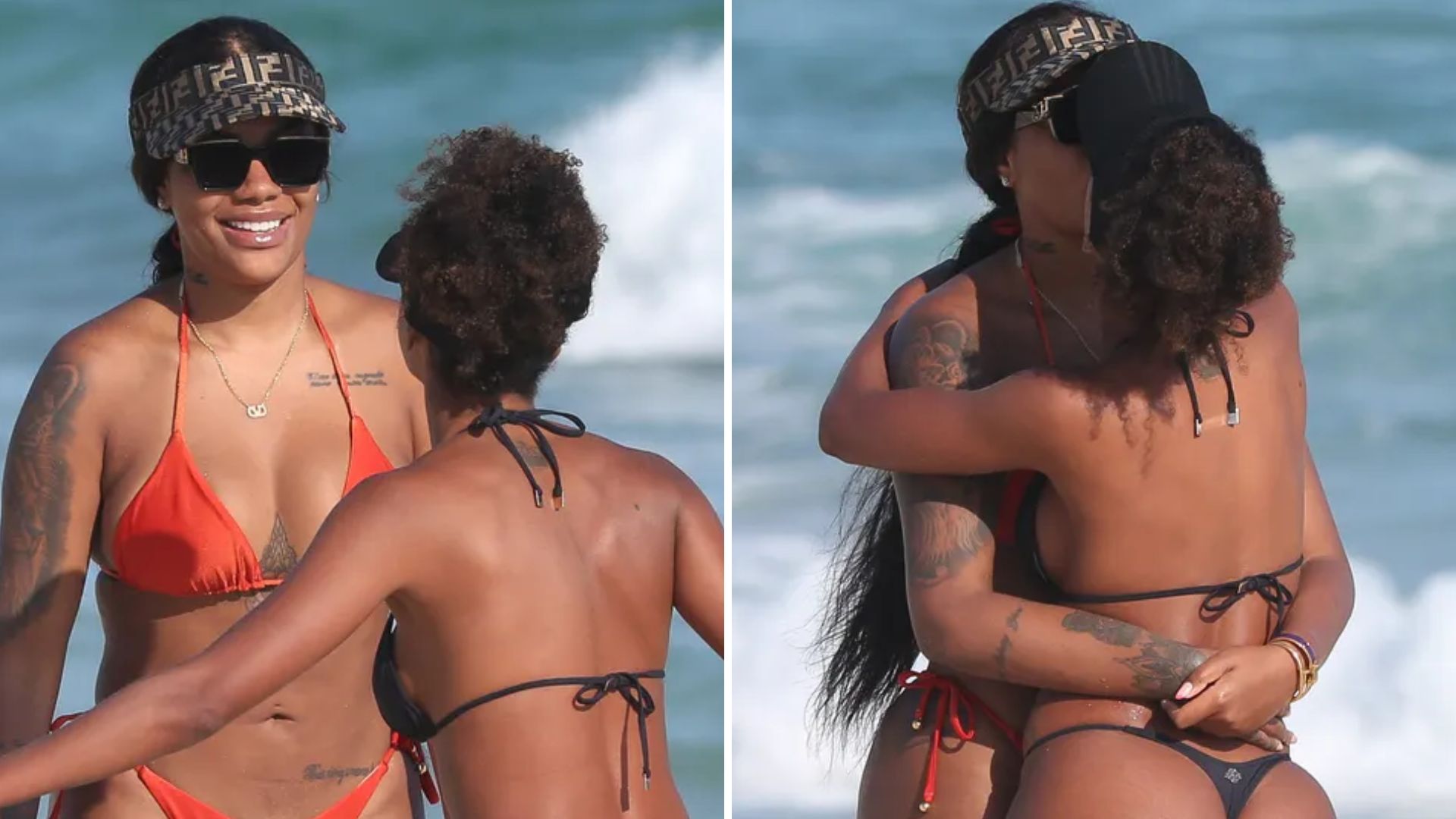 De biquíni, Ludmilla e Brunna Gonçalves renovam o bronzeado durante troca de beijos na praia