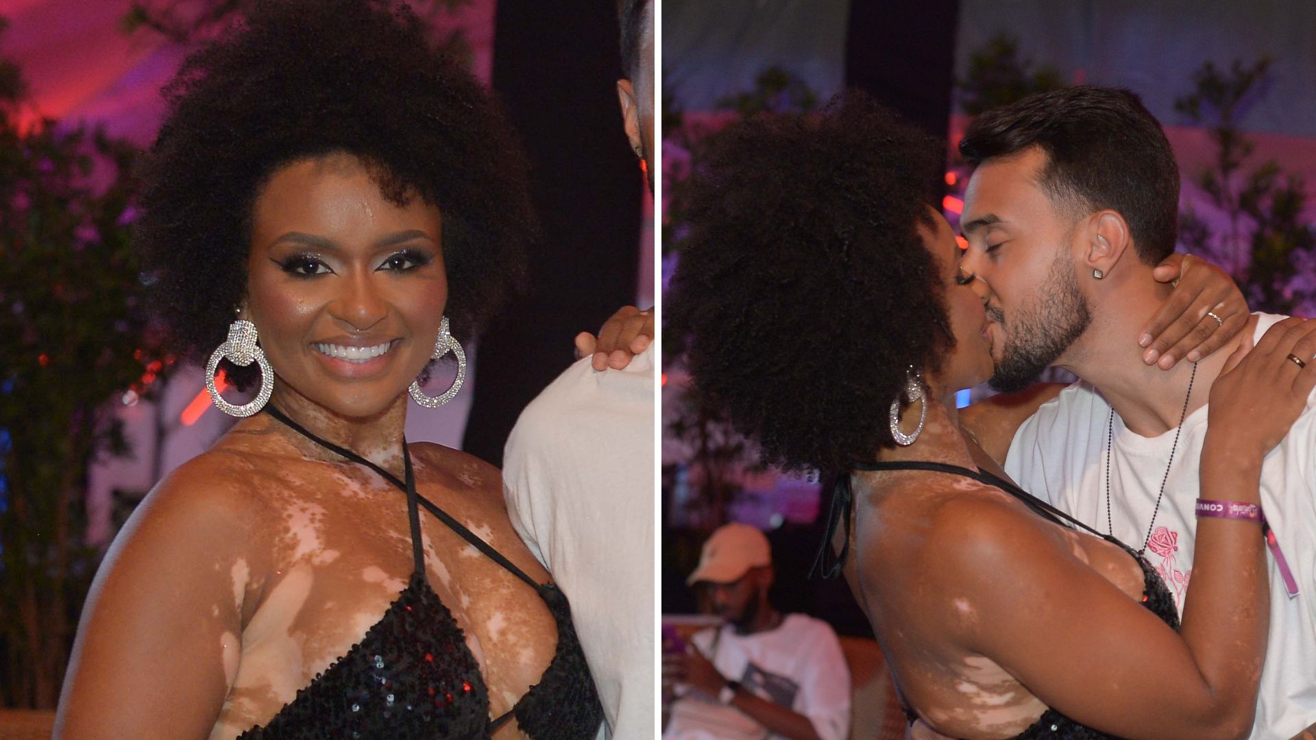 De minissaia e top, ex-BBB Natália Deodato troca beijos quentes com o namorado
