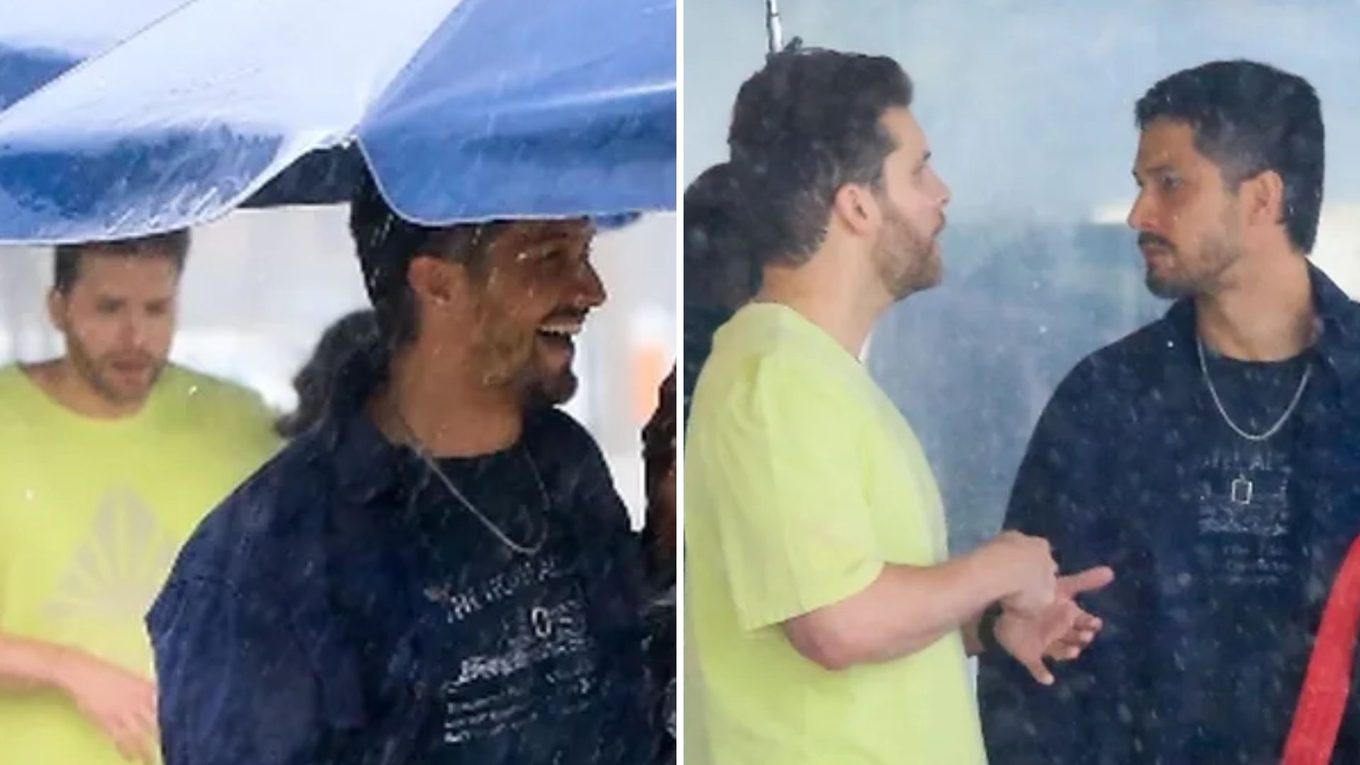 Romulo Estrela e Thiago Fragoso enfrentam forte chuva em gravação para ‘Travessia’