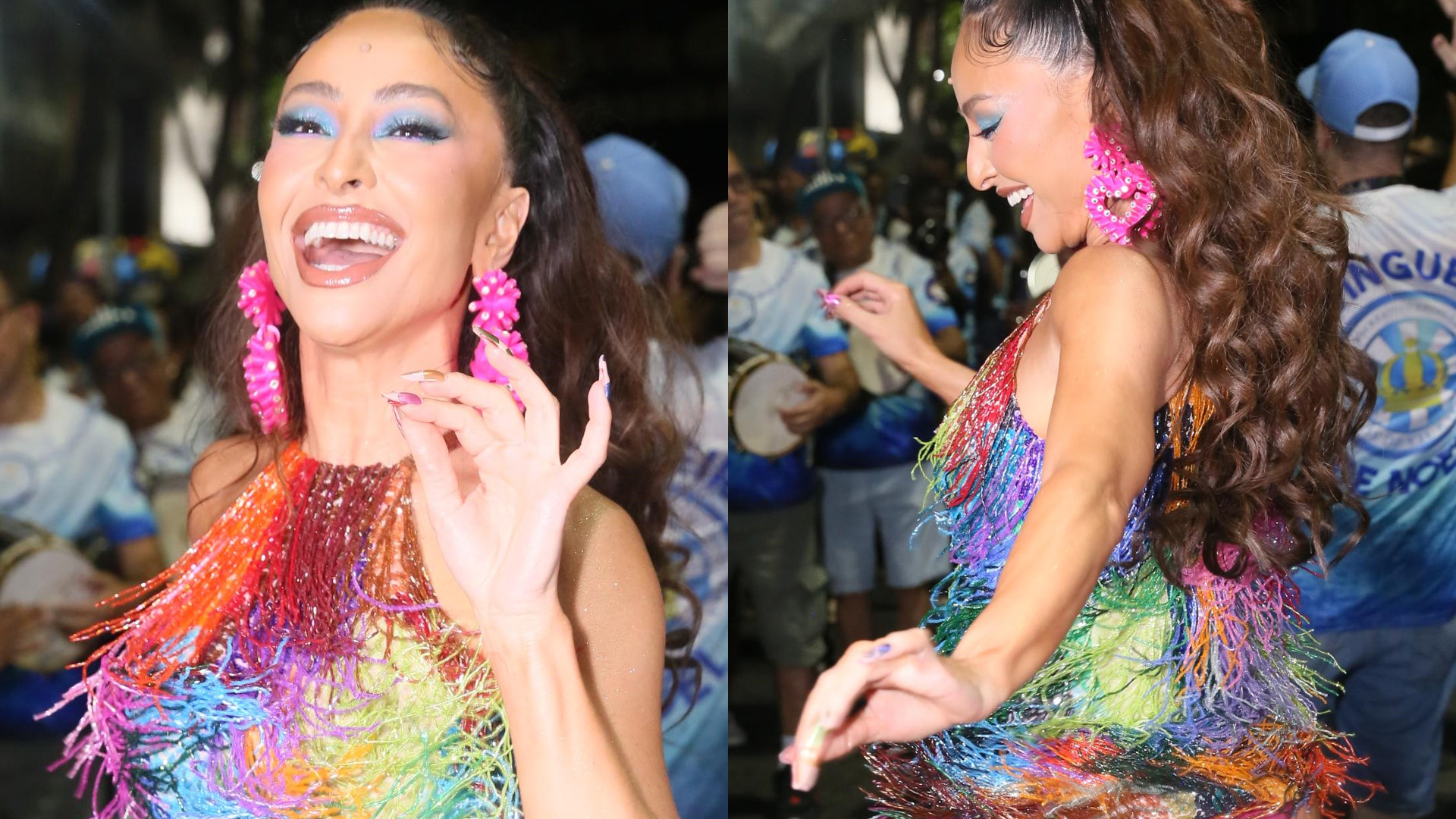 Sabrina Sato samba com vestido franjado curtíssimo e deixa bumbum e calcinha à mostra