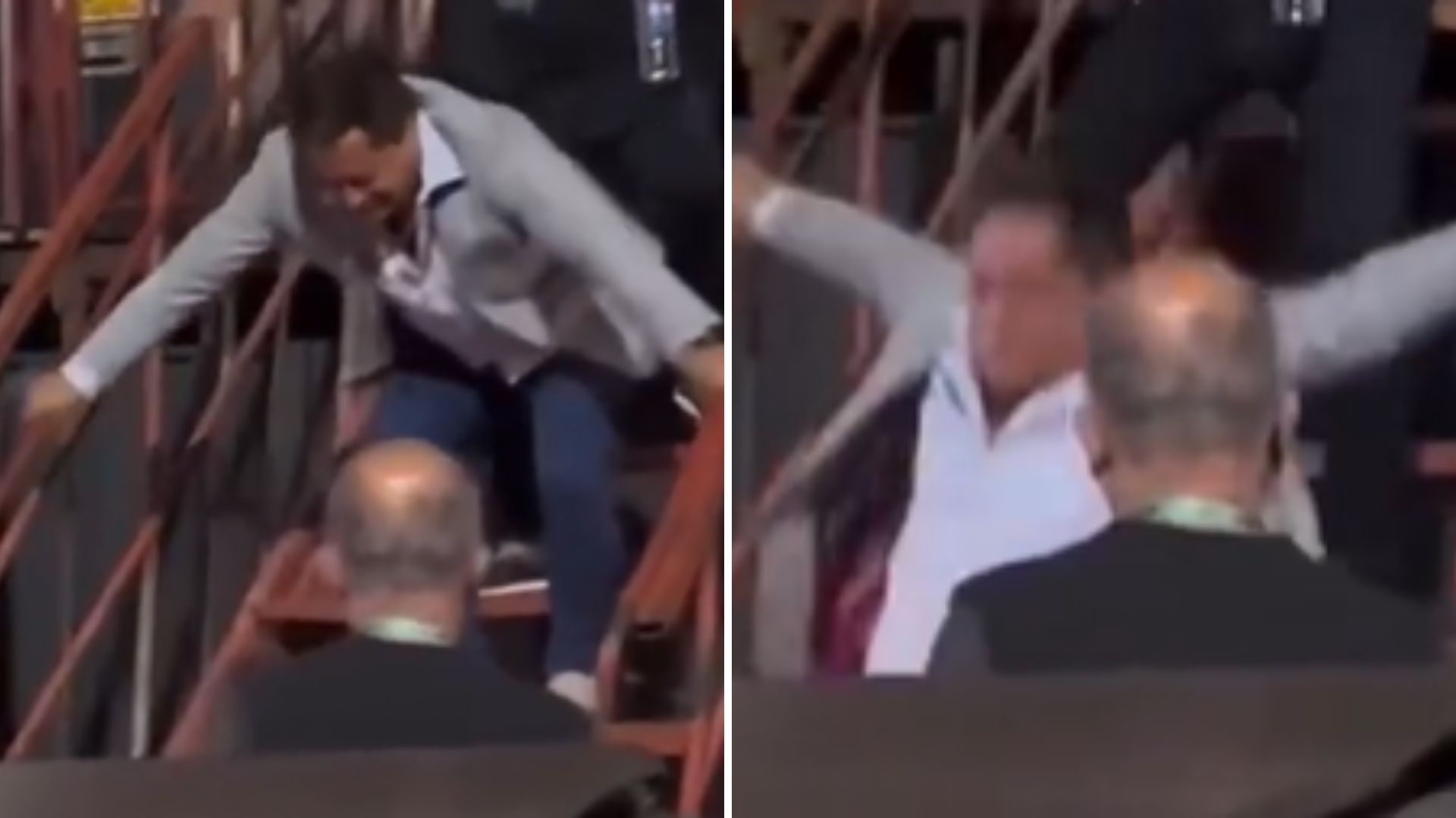 Que susto! Alterado, Leonardo cai da escada após show: “Cachaça não é água”