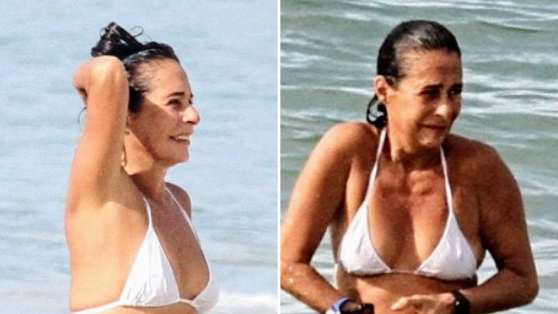 Corpo real: Andréa Beltrão exibe suas curvas ao mergulhar de biquíni branco