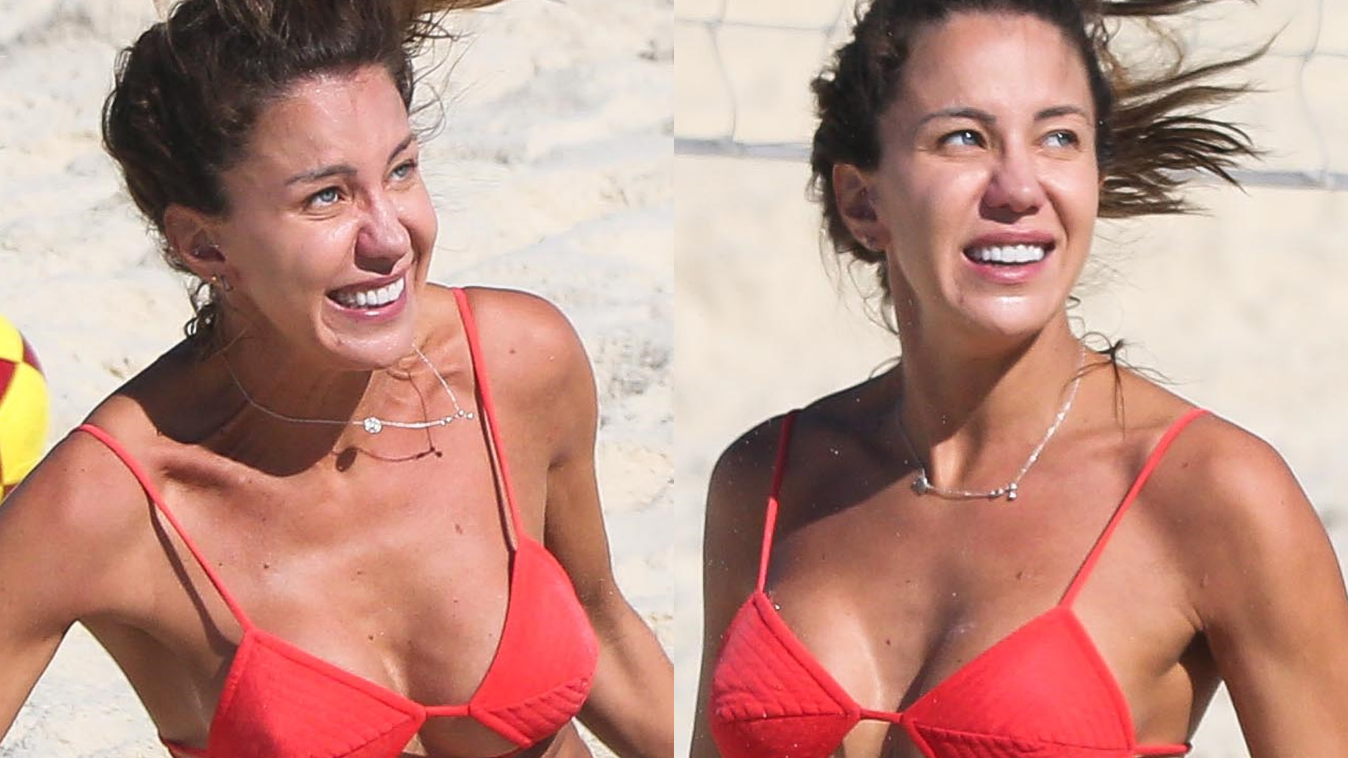 Apresentadora do ‘Esporte Espetacular’, Bárbara Coelho leva tombo de microbiquíni na praia