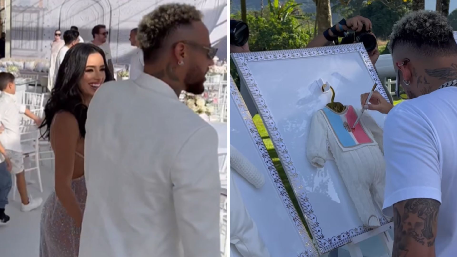 Neymar e Bruna Biancardi chegam ao chá de bebê e mostram decoração caríssima