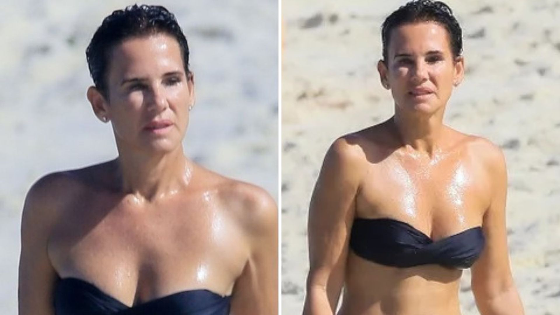 Aos 53 anos, ex-Paquita Andrea Veiga bronzeia corpão em biquíni sem alças