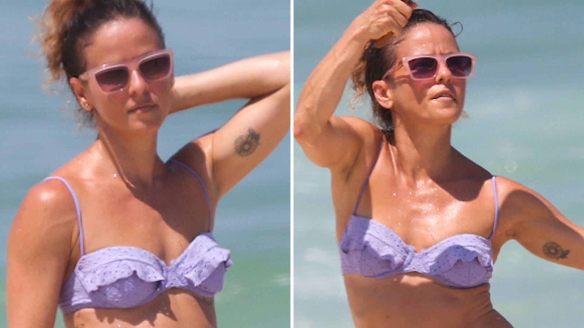 Fernanda de Freitas exibe tatuagem na virilha ao jogar frescobol de biquíni
