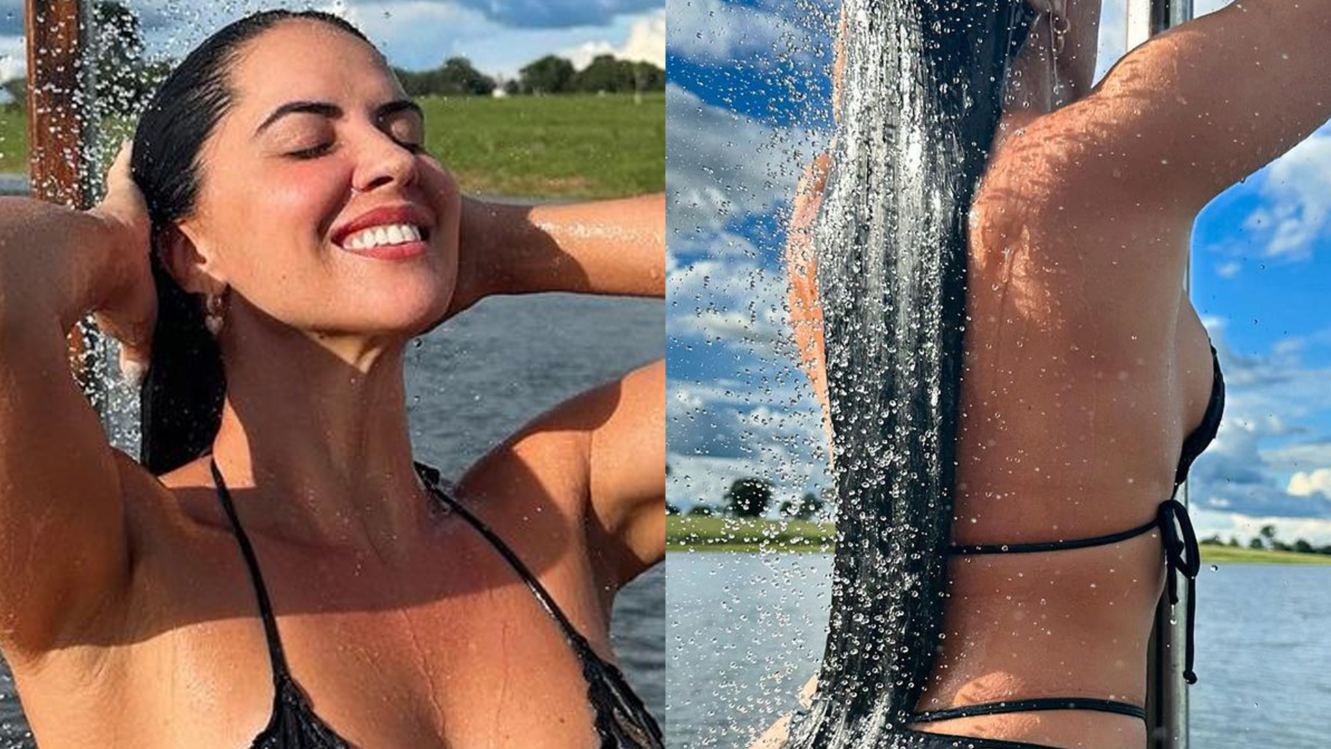 Graciele Lacerda toma banho ao ar livre e biquíni some no bumbum: “Linda”