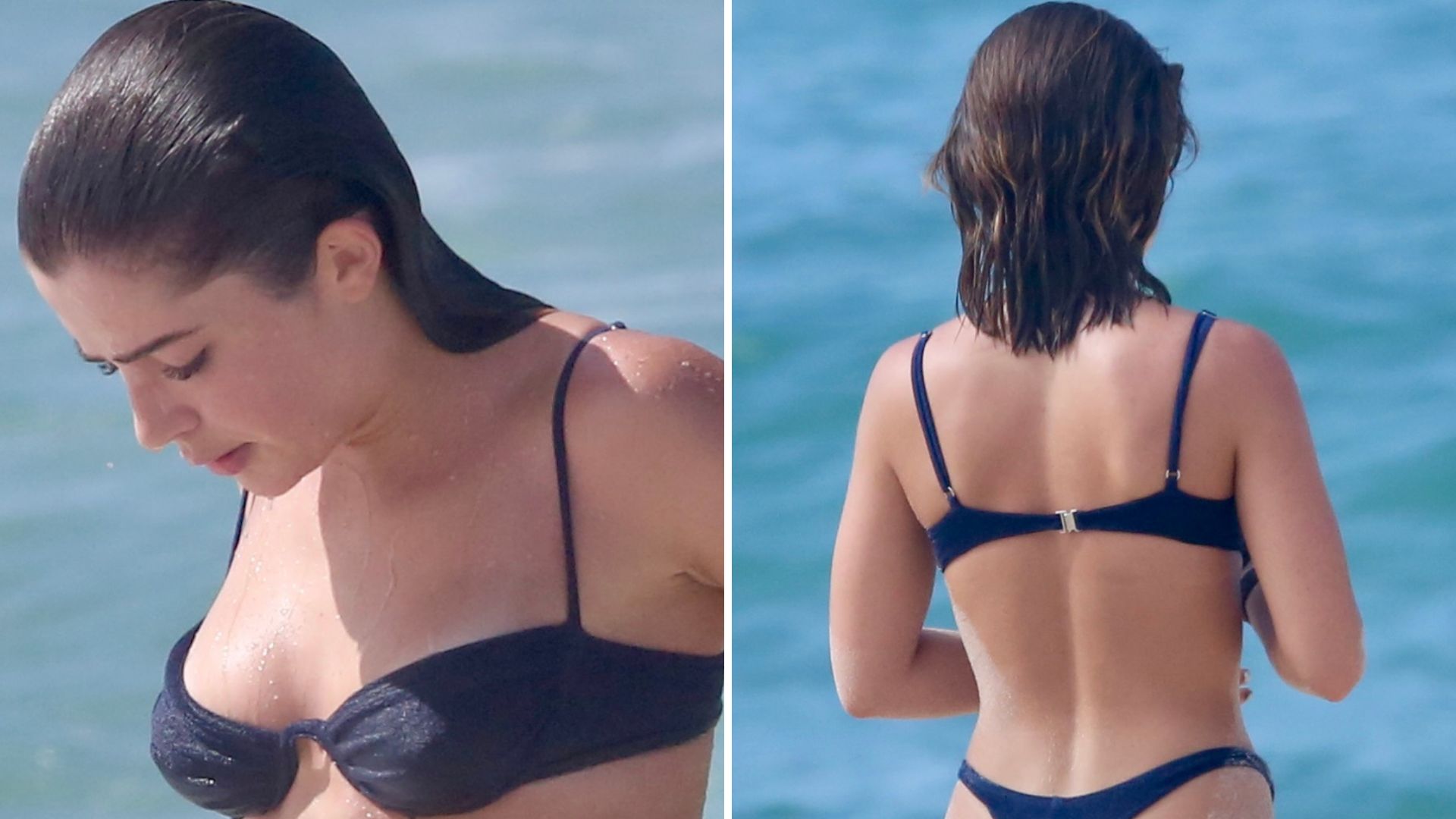 Molhadinha, Jade Picon puxa a calcinha do biquíni e mostra bumbum durinho em praia