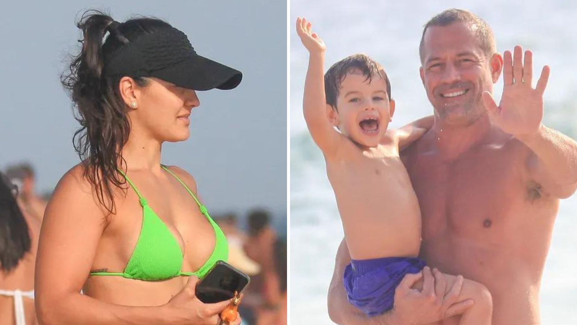 Família sarada! Malvino Salvador e Kyra Gracie curtem praia com o filho no Rio