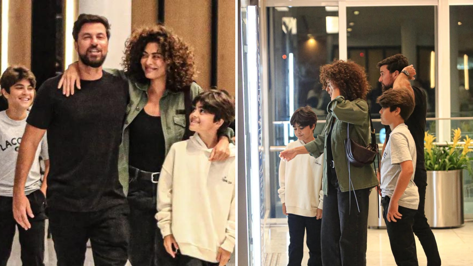 Radiante, Juliana Paes posa abraçada com o marido e os filhos em shopping