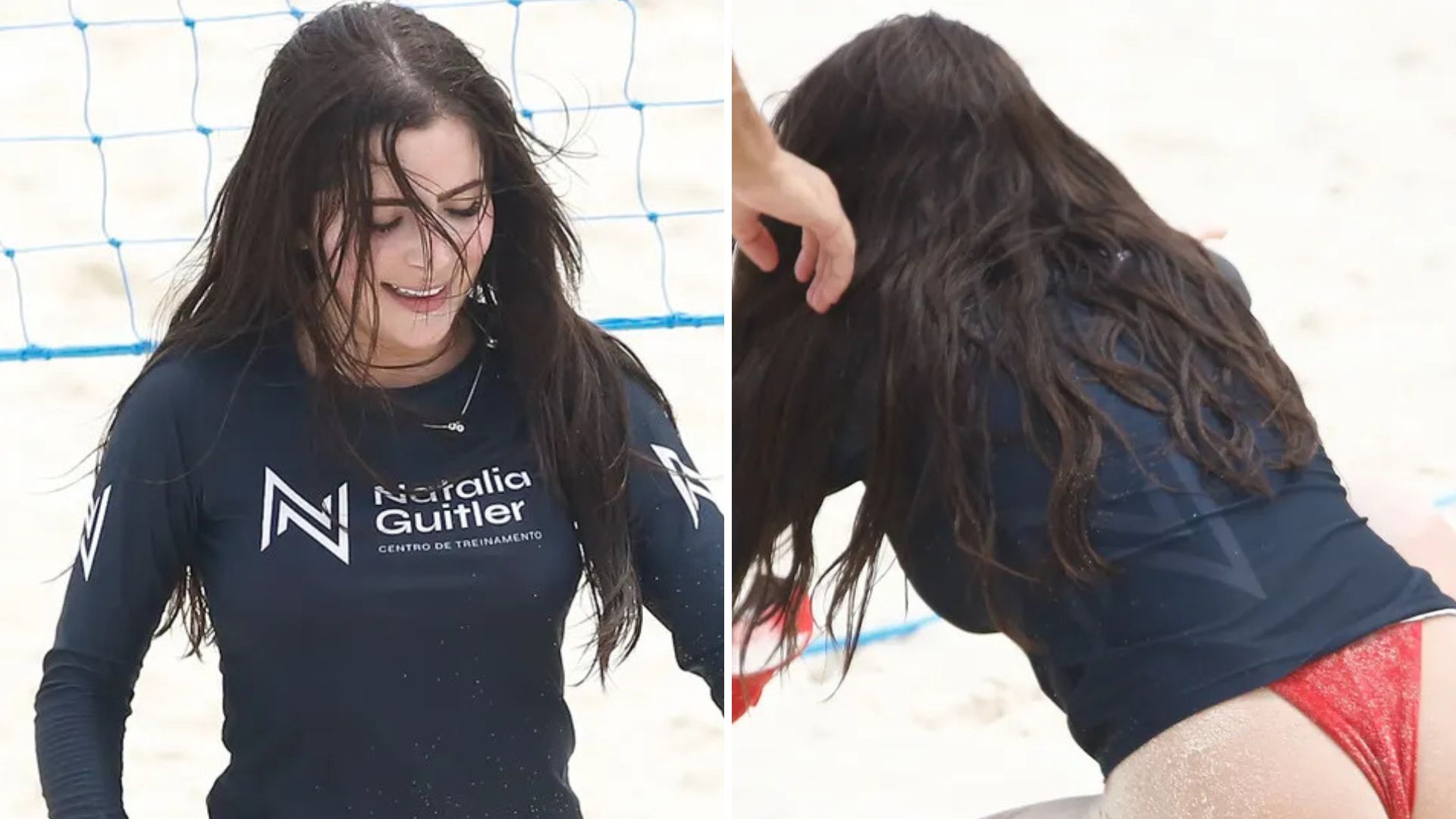 Cuidado! Jade Picon leva tombo de fio-dental enquanto treina futevôlei na praia