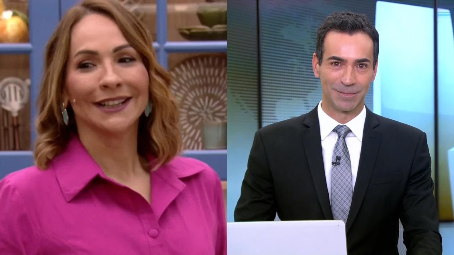 Maria Beltão faz pedido íntimo e deixa Cesar Tralli envergonhado: “Manda uma foto”