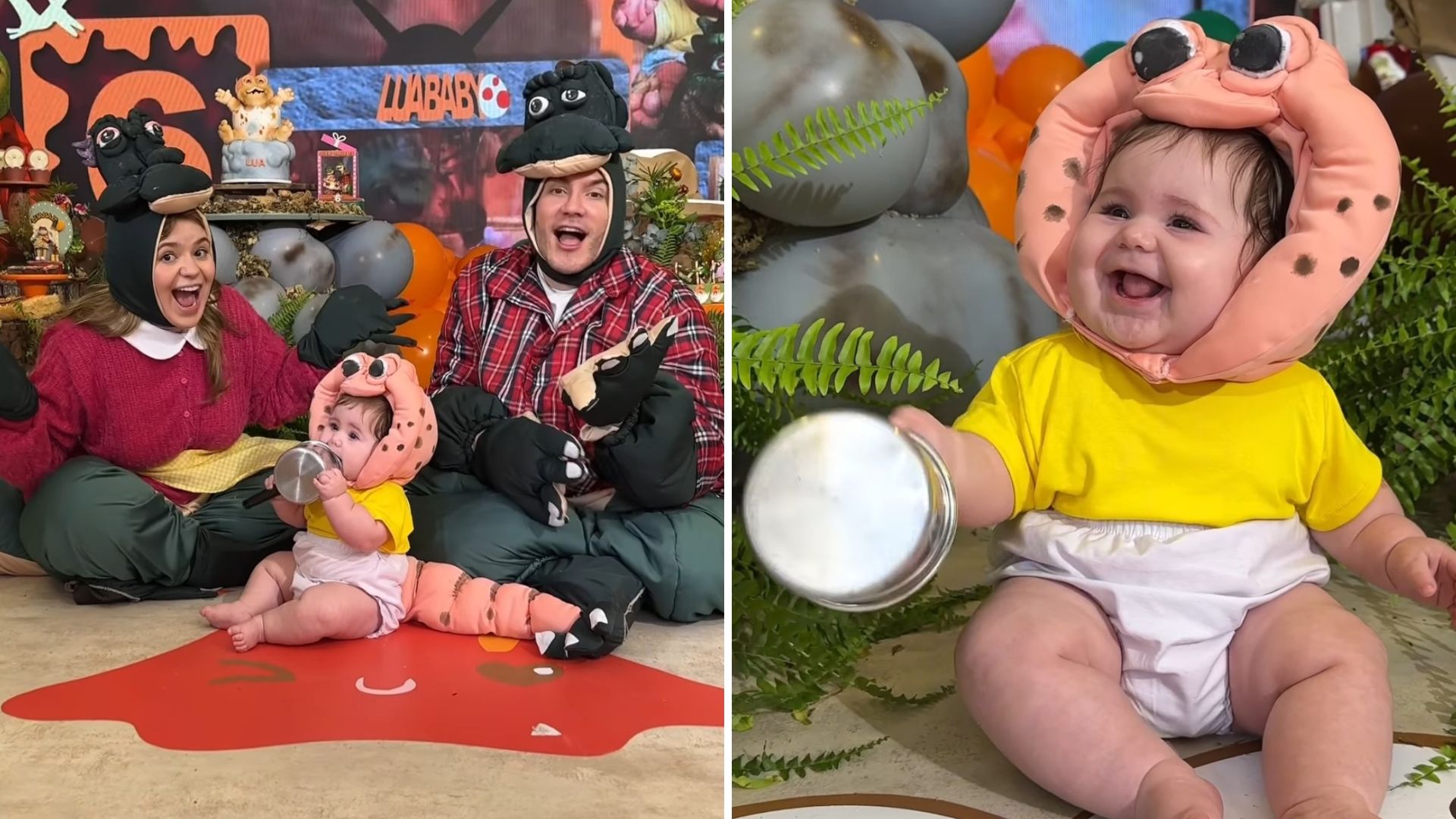 Viih Tube e Eliezer se transformam em dinossauros para festejar 6 meses da filha: “Baby chegou”