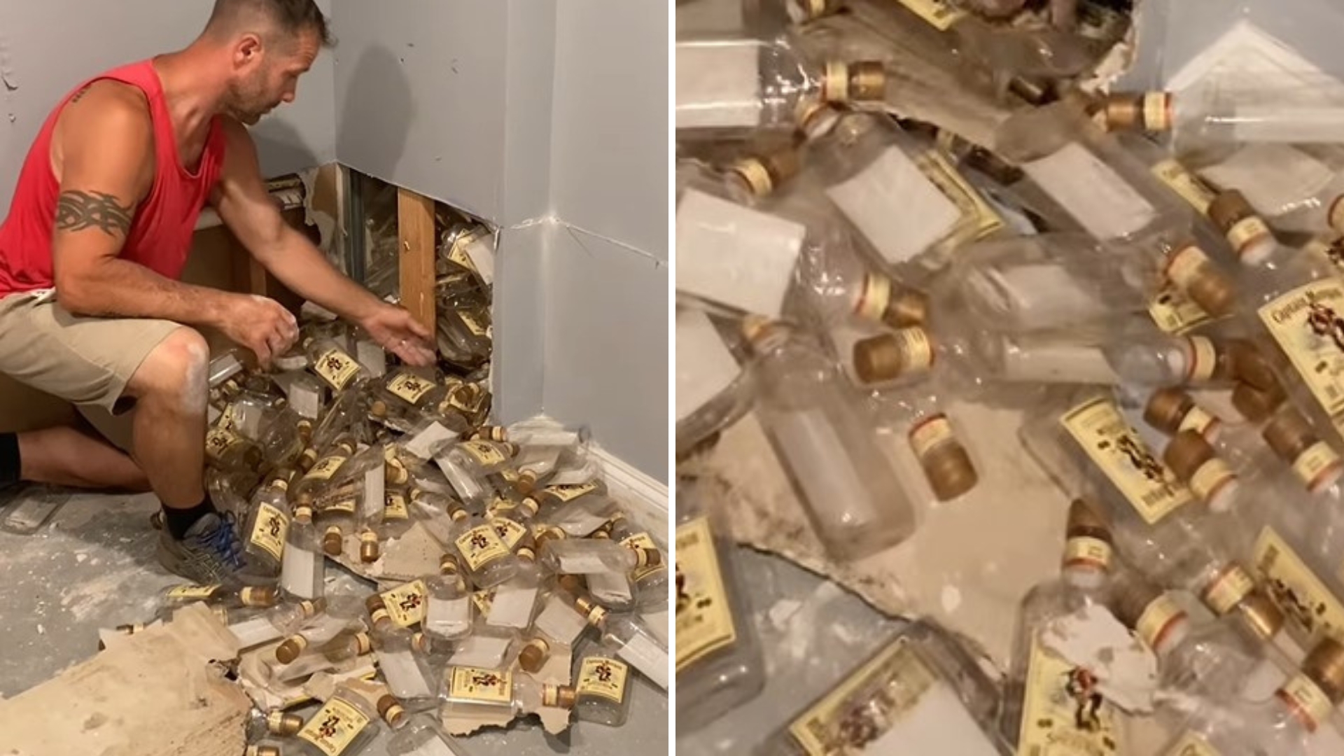 Quantas! Casal derruba parede e descobre infinidade de garrafas de rum escondidas