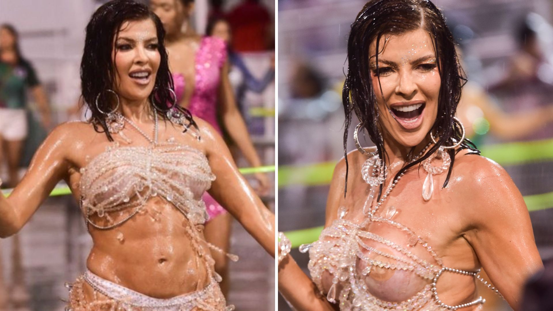 Jaquelline Grohalski arranca suspiros mesmo ensopada em ensaio de Carnaval