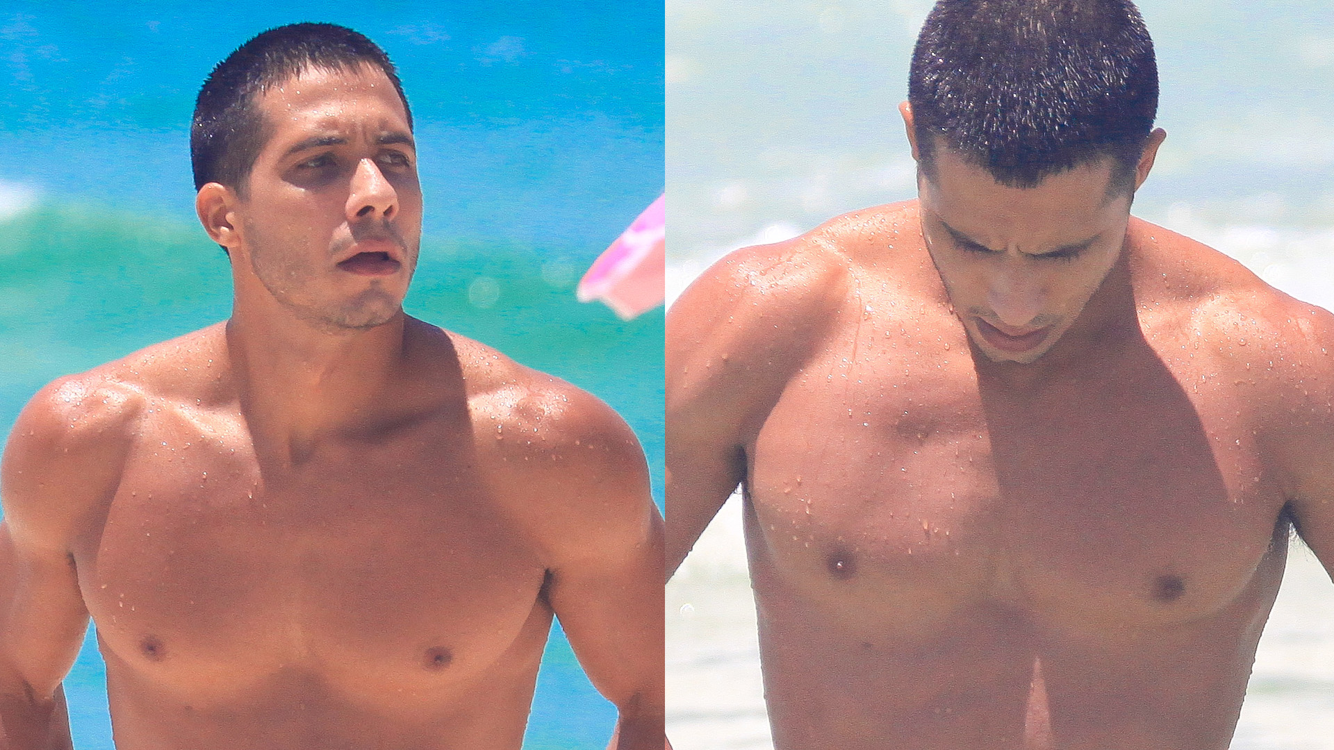 Rafael Gualandi de ‘Terra e Paixão’ ajeita sunga recheada em dia de praia
