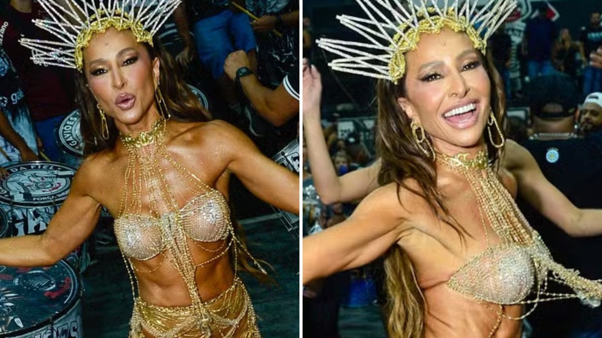 Corpão! Sabrina Sato samba cravejada em fios de ouro em ensaio de Carnaval