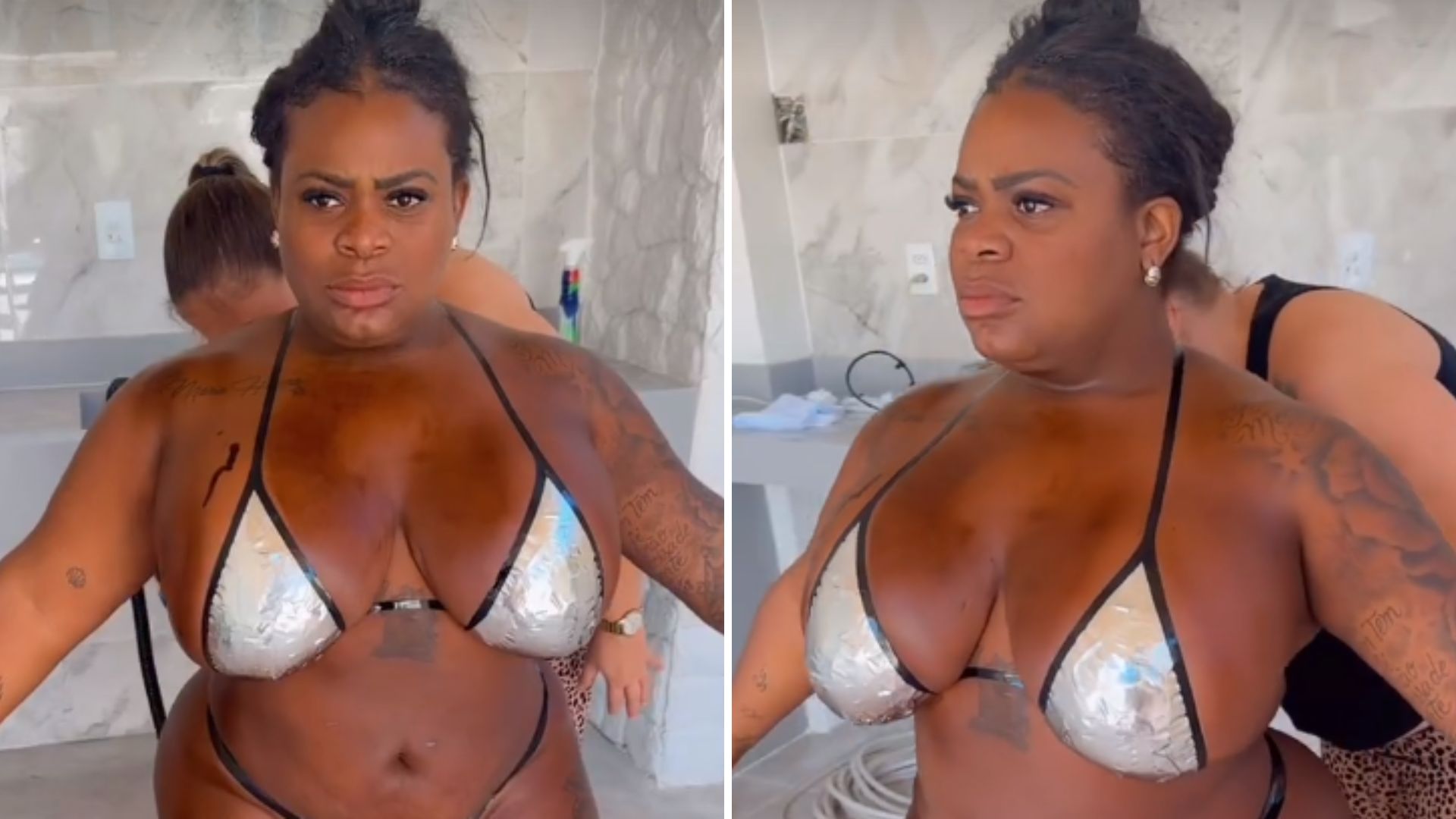 Sequinha, Jojo Todynho retoca o bronze em biquíni de fita para desfilar na Sapucaí
