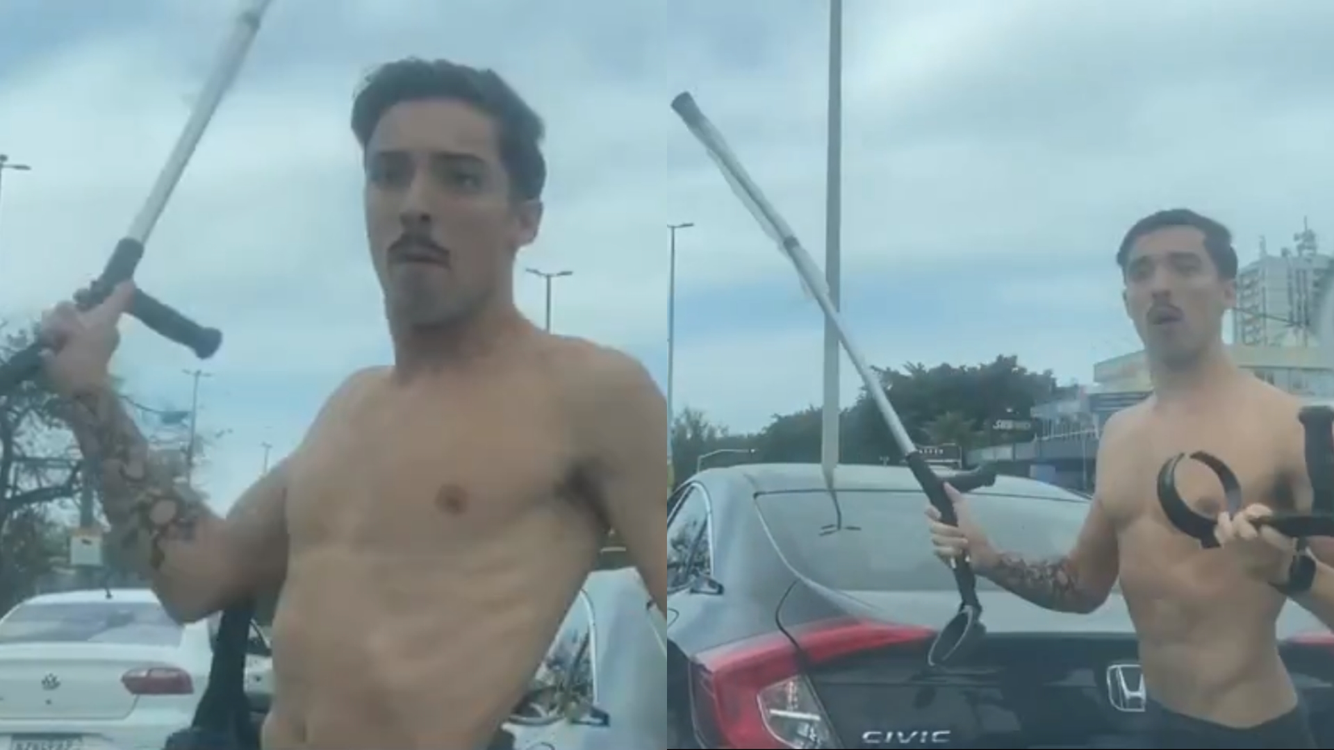 Homem usa muletas para agredir motorista durante briga no trânsito