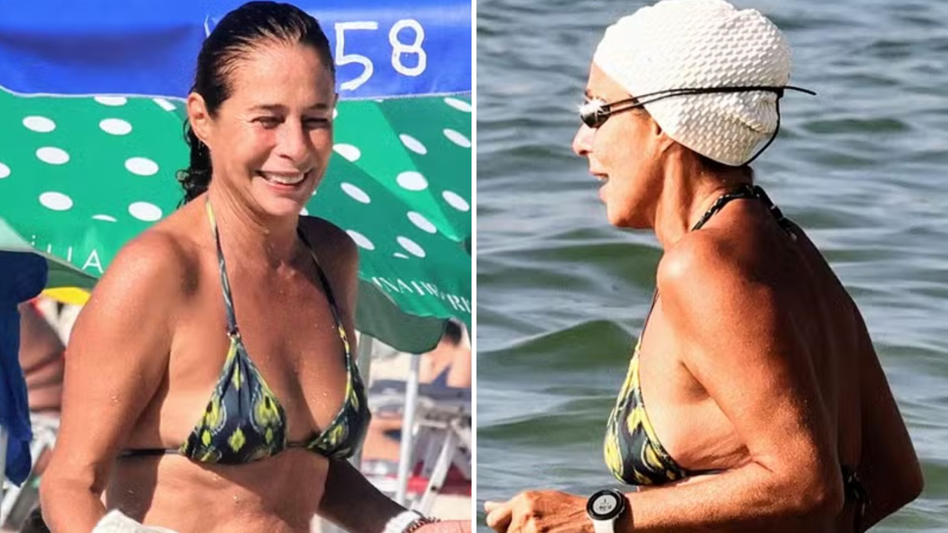 Andrea Beltrão é flagrada em biquíni jovial enquanto faz natação em Copacabana